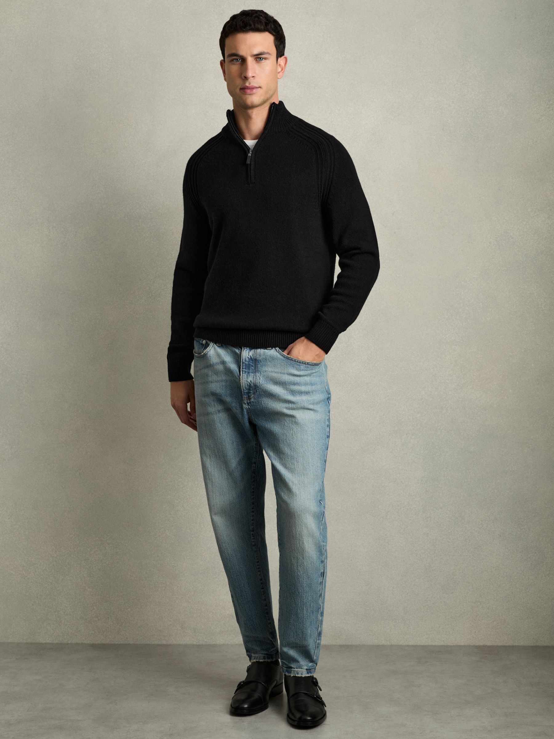 Wool-Blend Ridge-Seam Half-Zip Jumper in All Black - Image 3 of 6