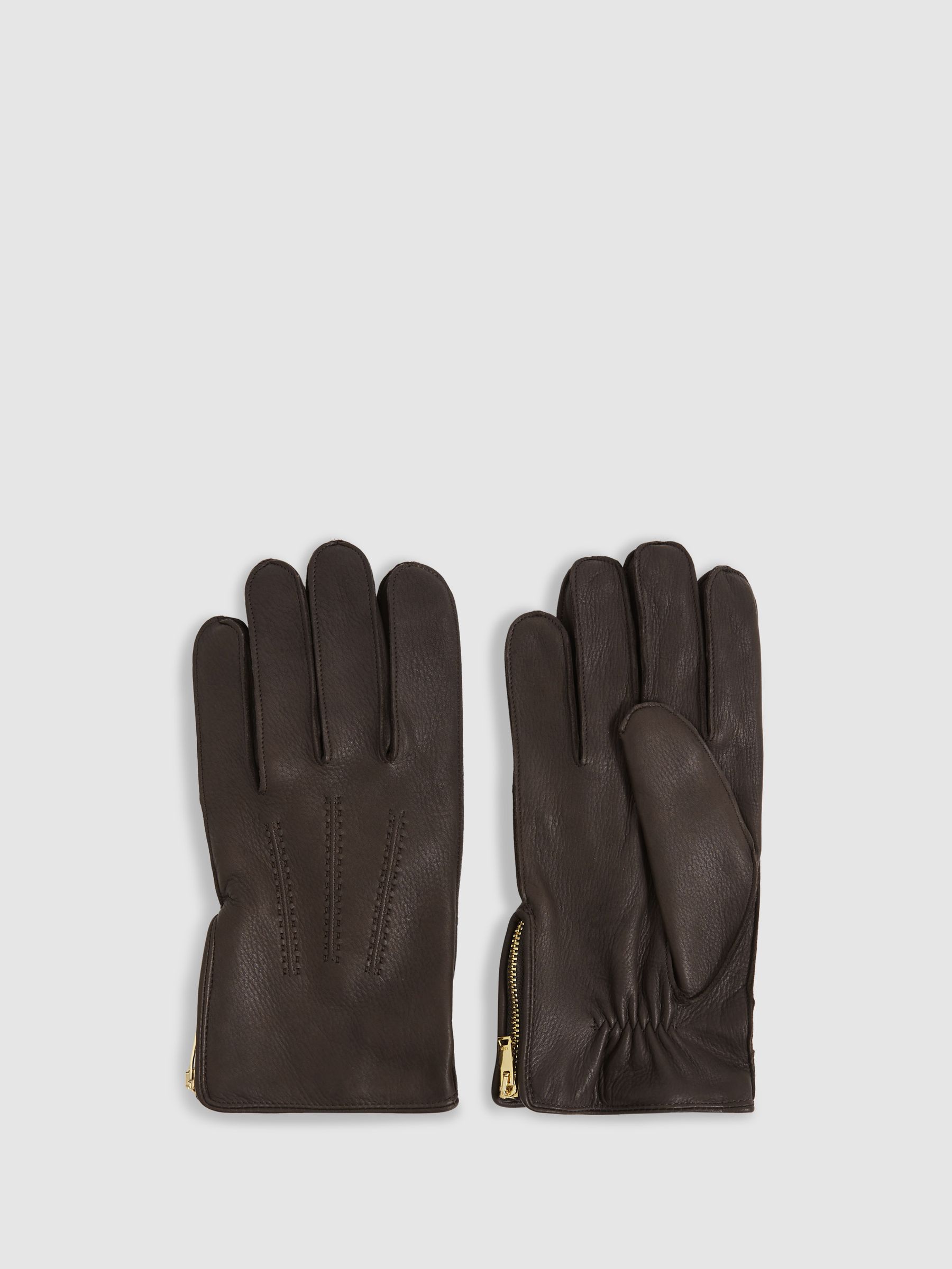 Leather Zip-Side Gloves in Dark Brown - Image 1 of 3