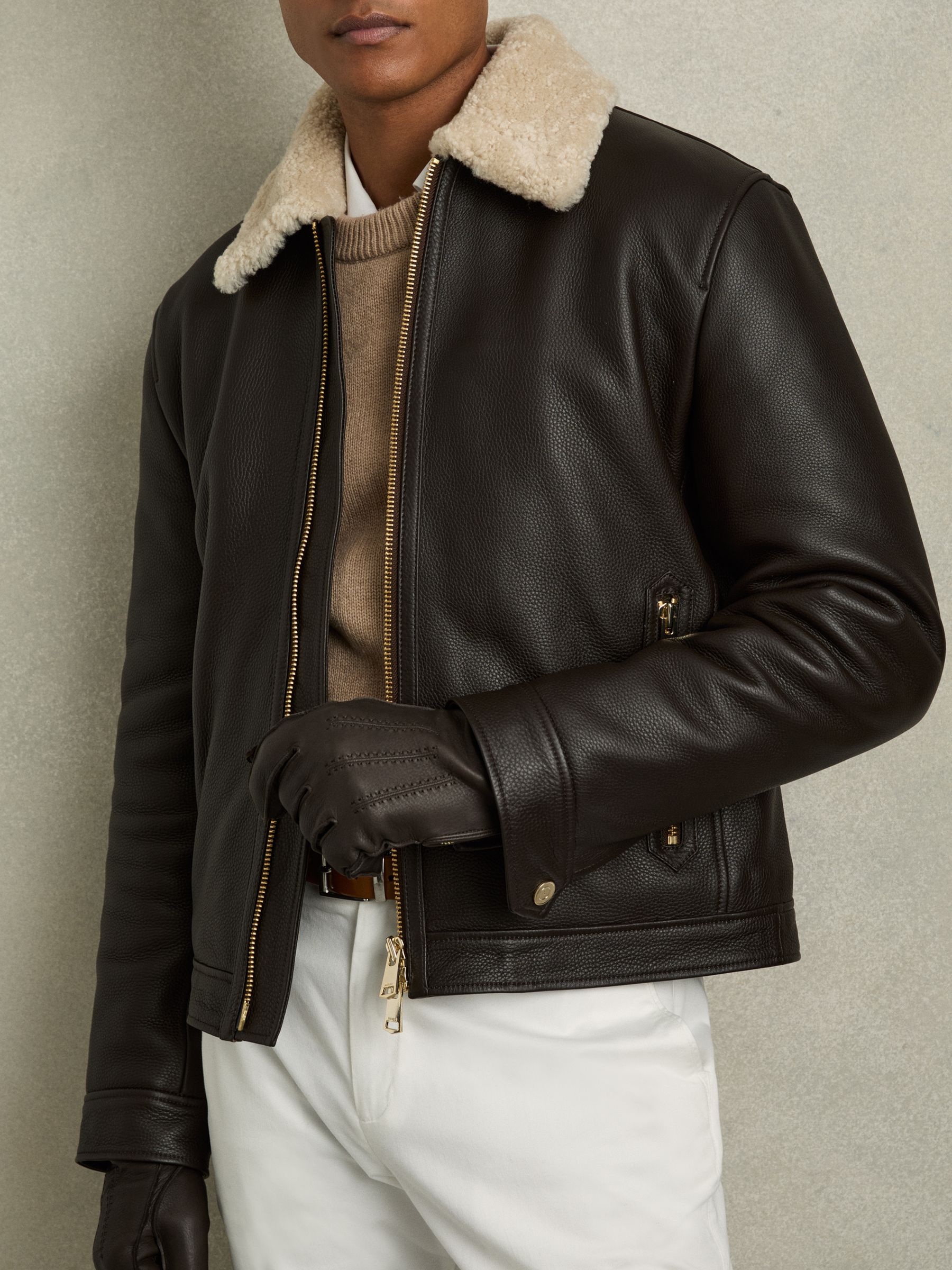 Leather Zip-Side Gloves in Dark Brown - Image 2 of 3