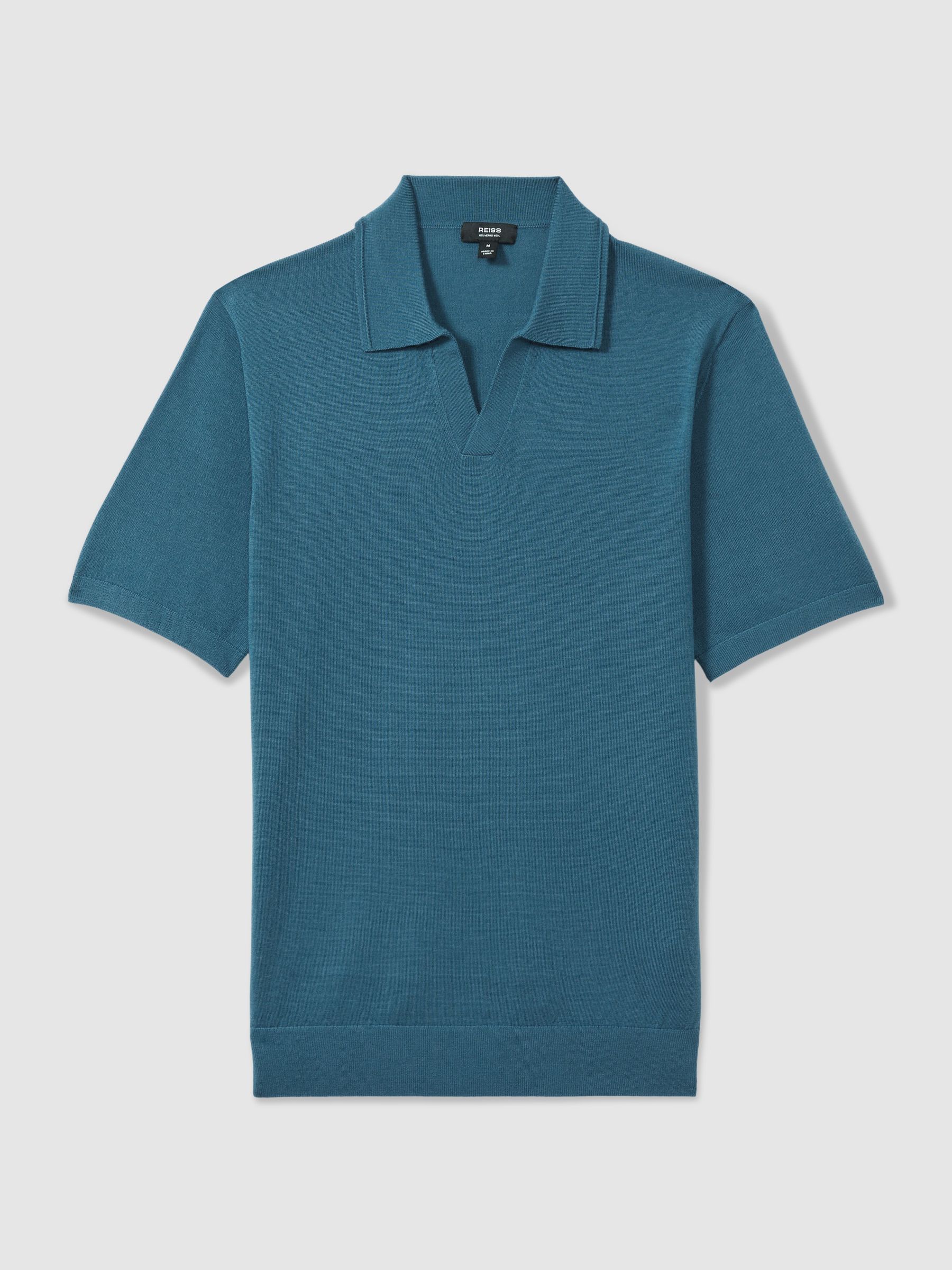 Merino Wool Open Collar Polo Shirt in Deep Teal Blue - Image 2 of 6