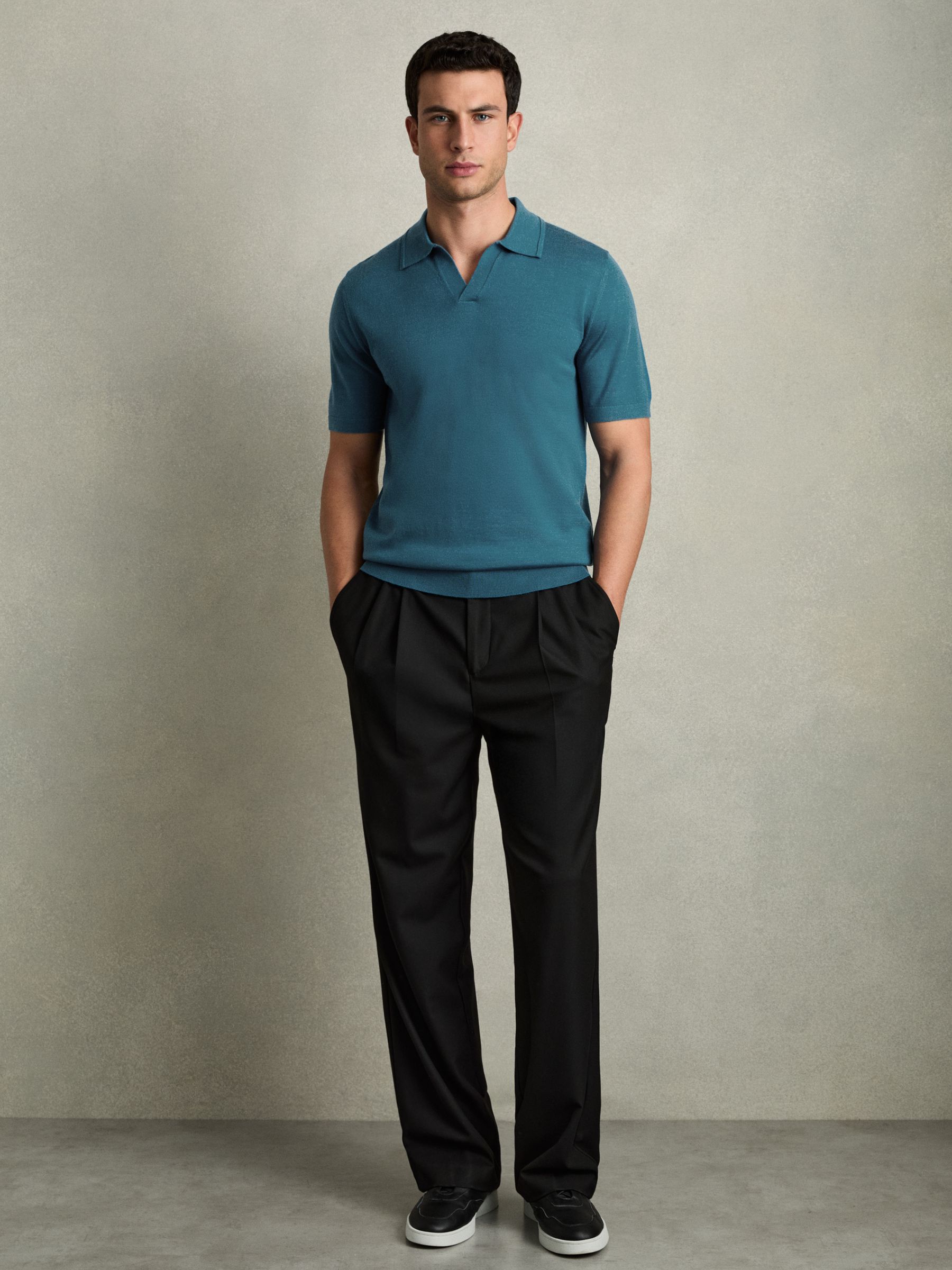 Merino Wool Open Collar Polo Shirt in Deep Teal Blue - Image 3 of 6