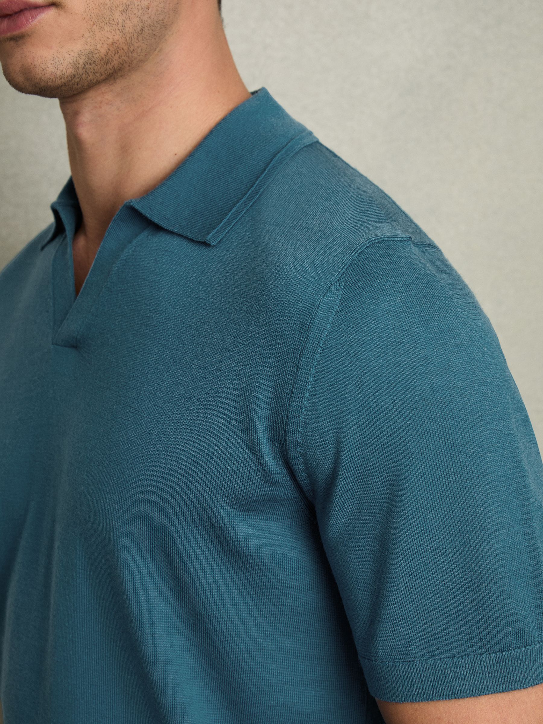 Merino Wool Open Collar Polo Shirt in Deep Teal Blue - Image 4 of 6