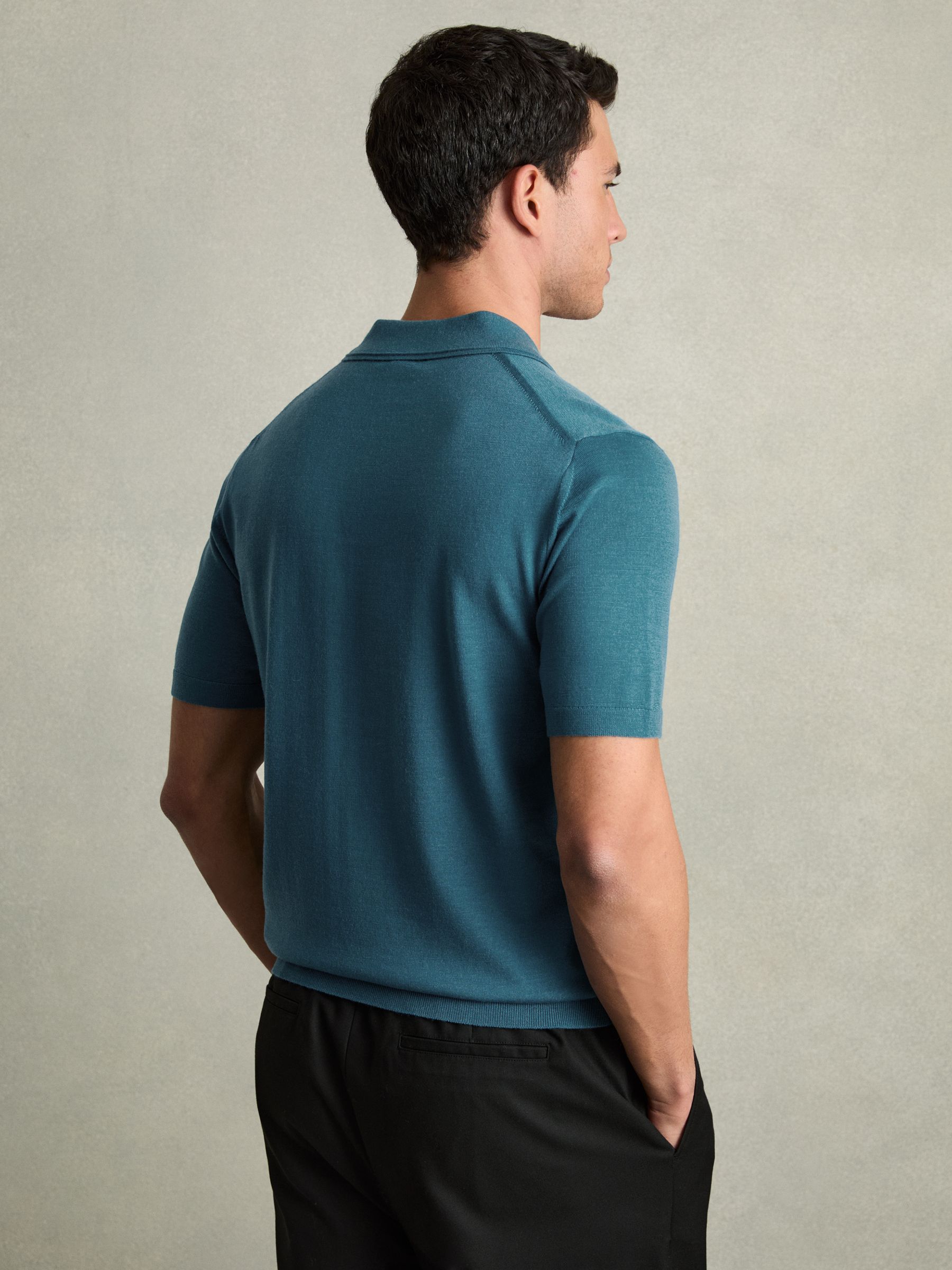 Merino Wool Open Collar Polo Shirt in Deep Teal Blue - Image 5 of 6