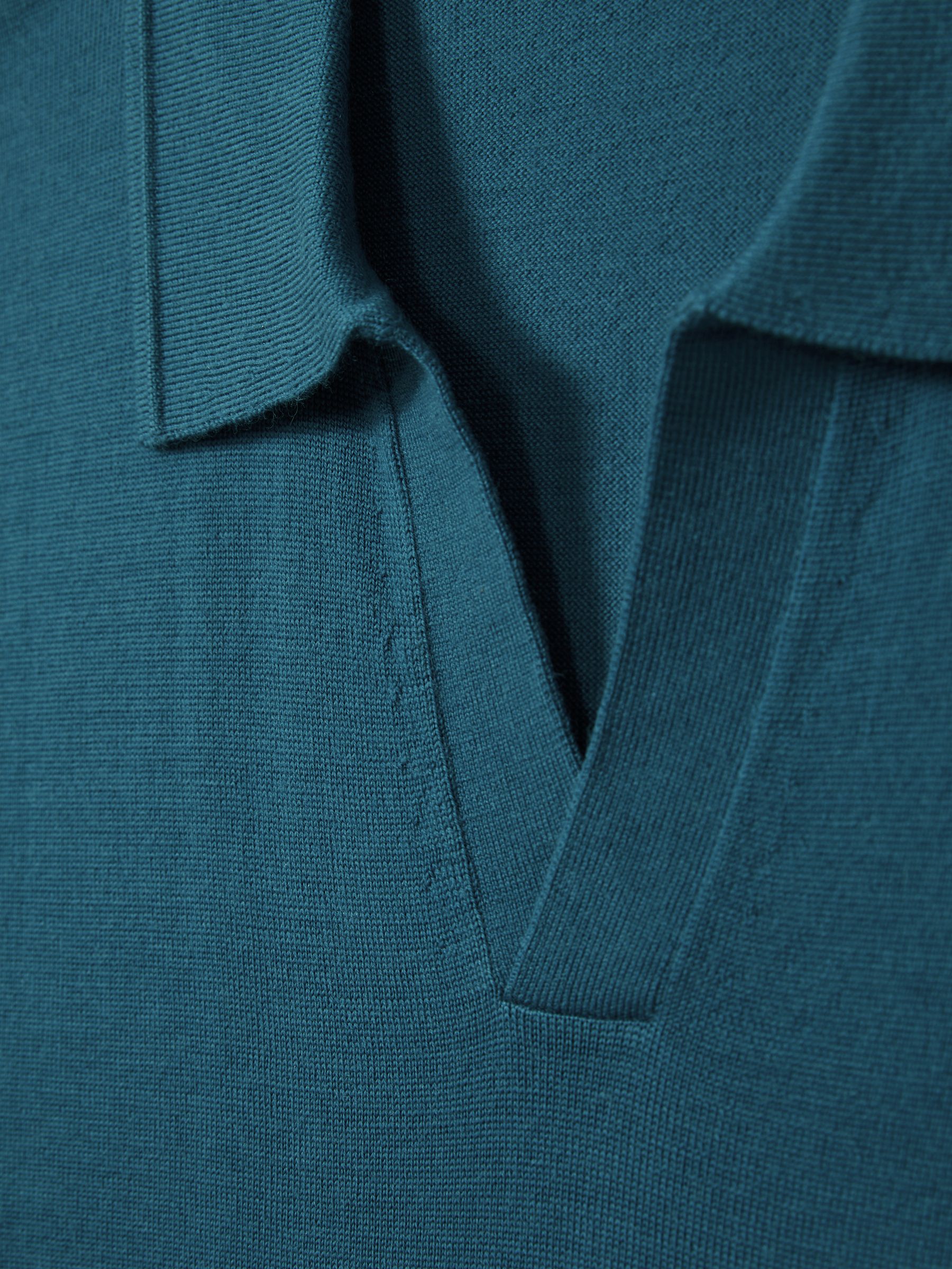 Merino Wool Open Collar Polo Shirt in Deep Teal Blue - Image 6 of 6