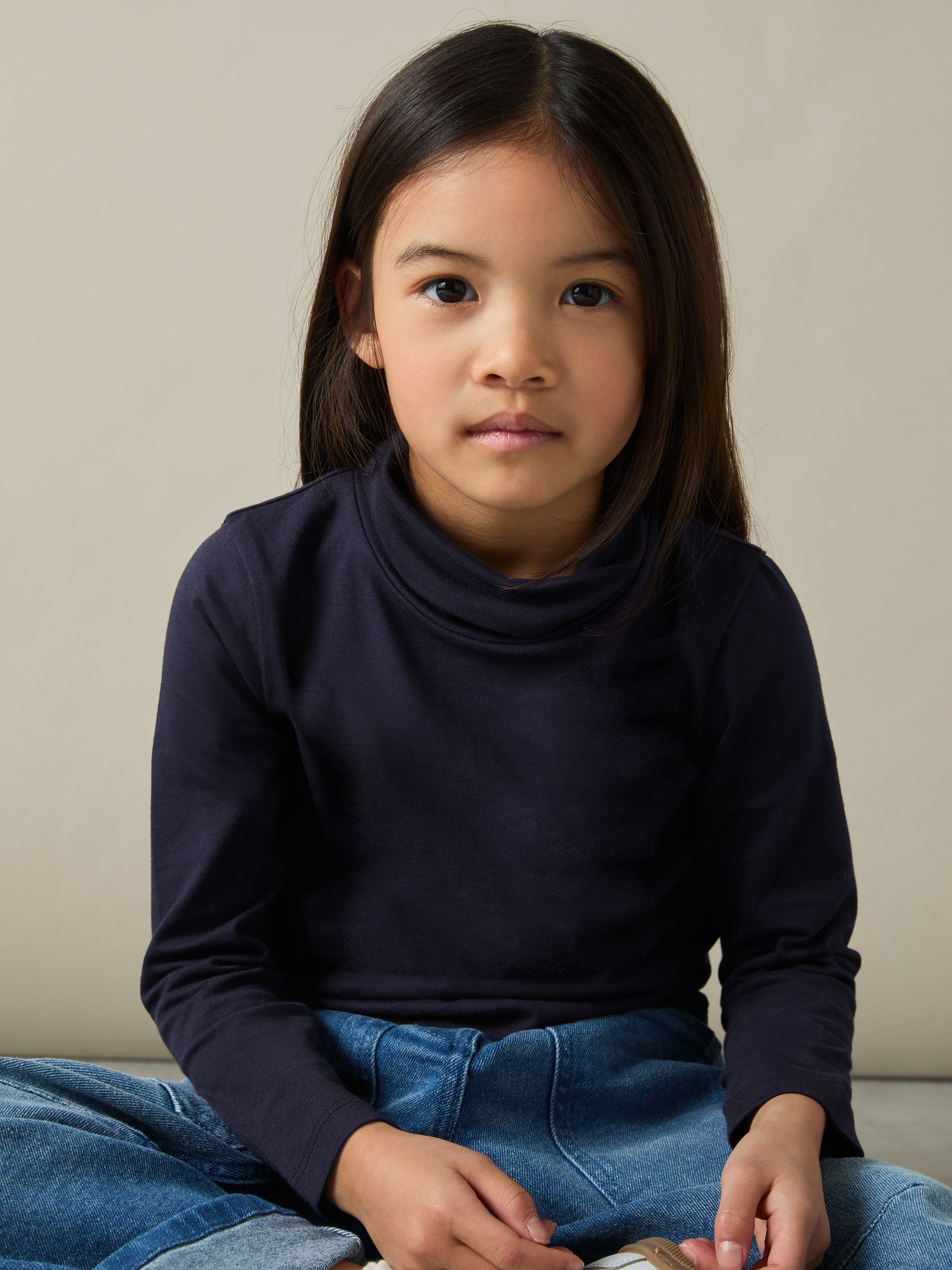 4-9 yrs Cotton-Jersey Roll-Neck Top with Stretch in Navy - Image 1 of 4