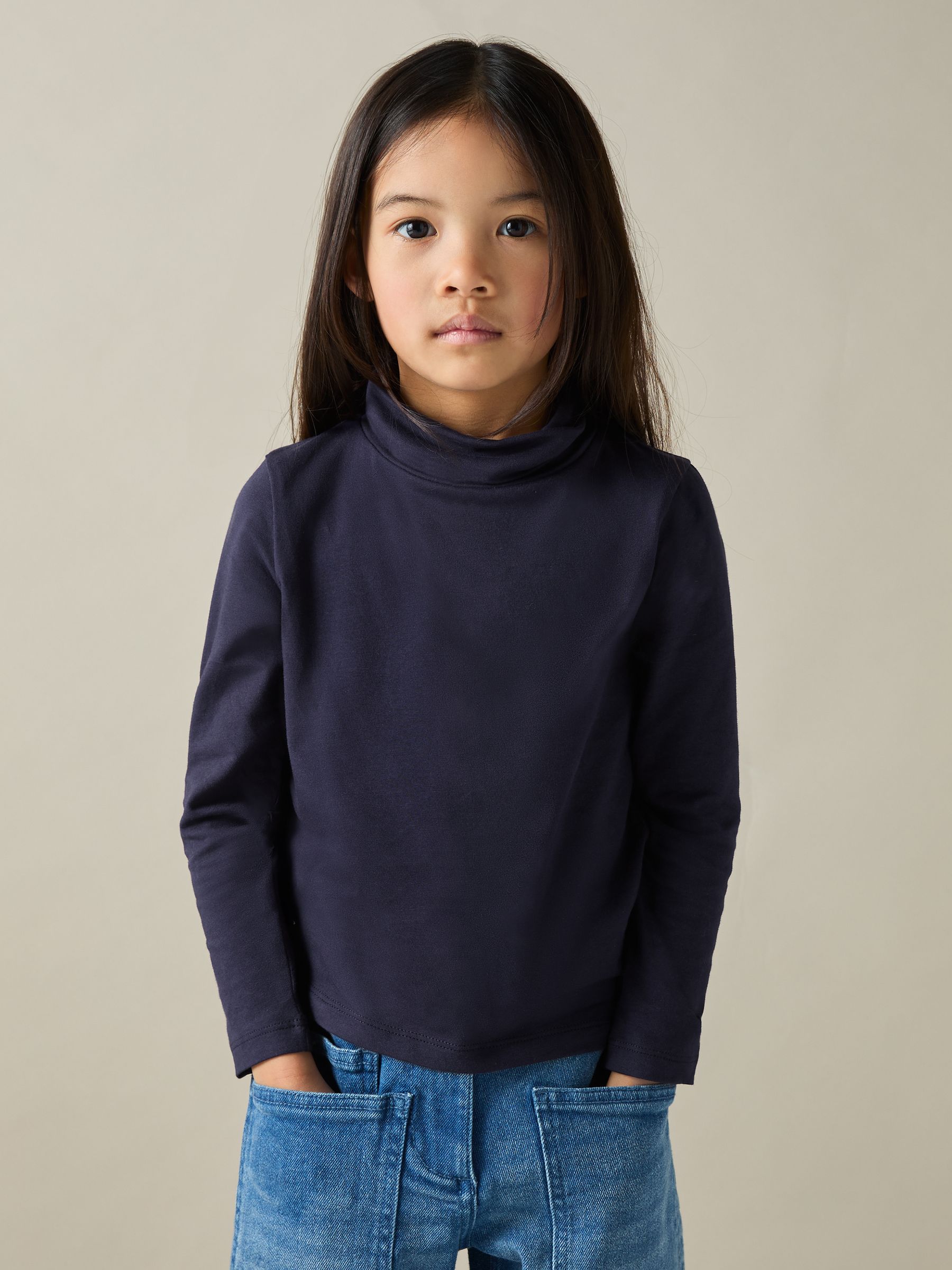 4-9 yrs Cotton-Jersey Roll-Neck Top with Stretch in Navy - Image 3 of 4