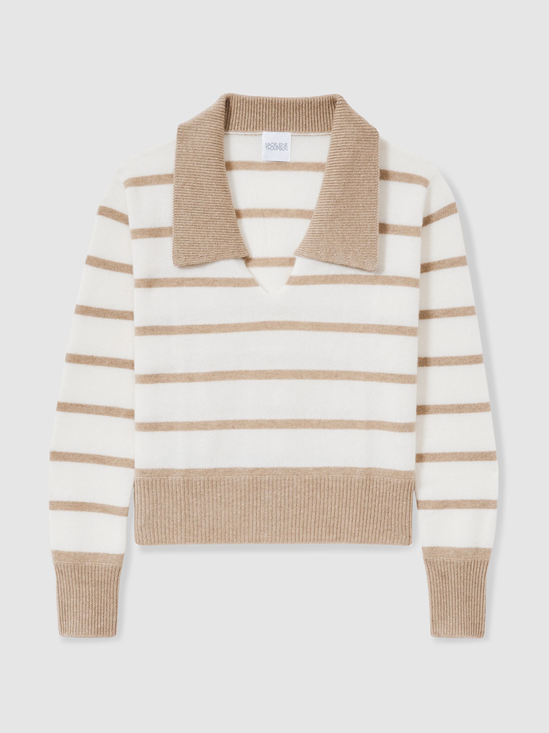 Cashmere Open Collar Striped Jumper in White/Beige - Image 2 of 6