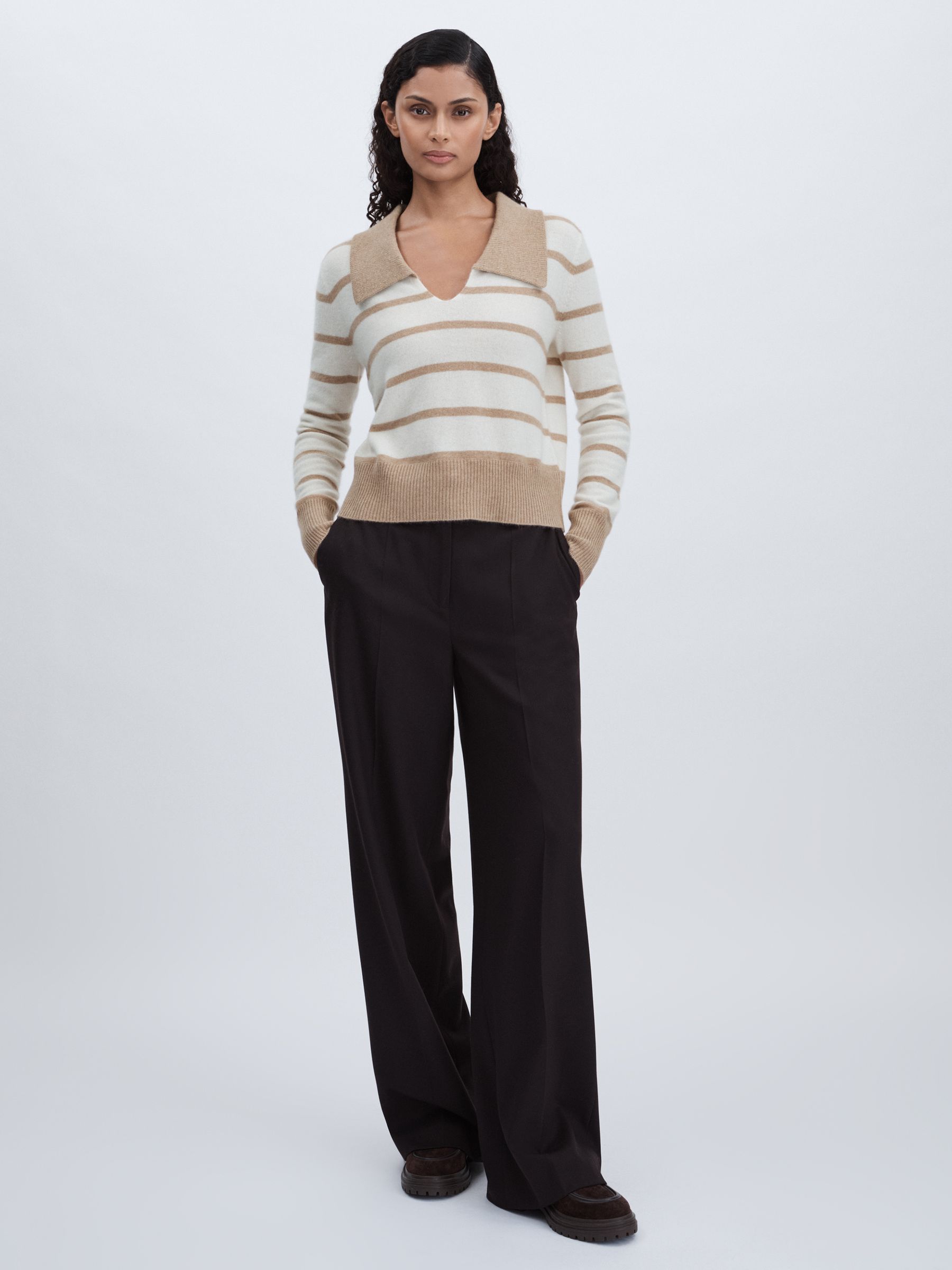 Cashmere Open Collar Striped Jumper in White/Beige - image 3