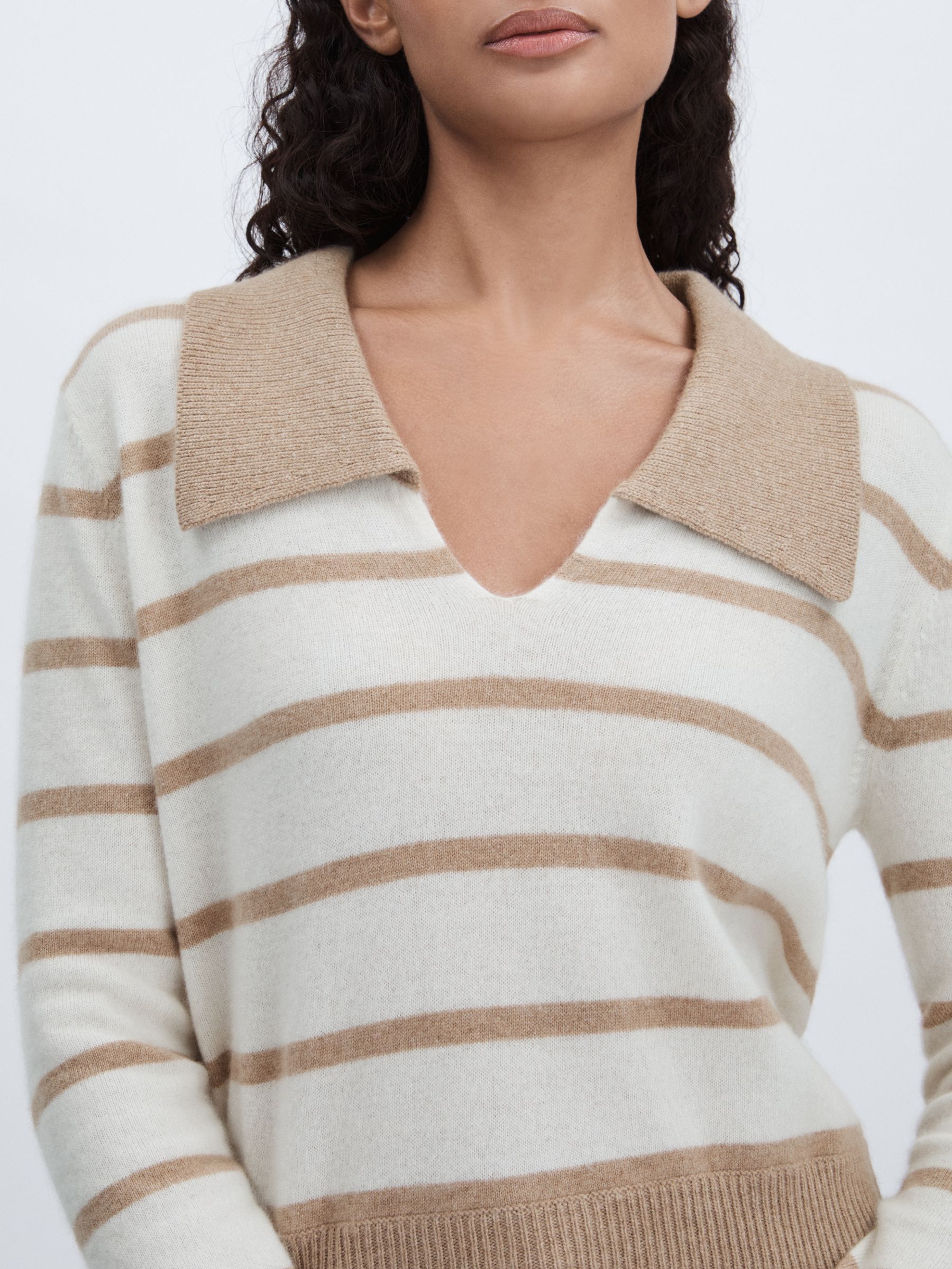 Cashmere Open Collar Striped Jumper in White/Beige - Image 4 of 6