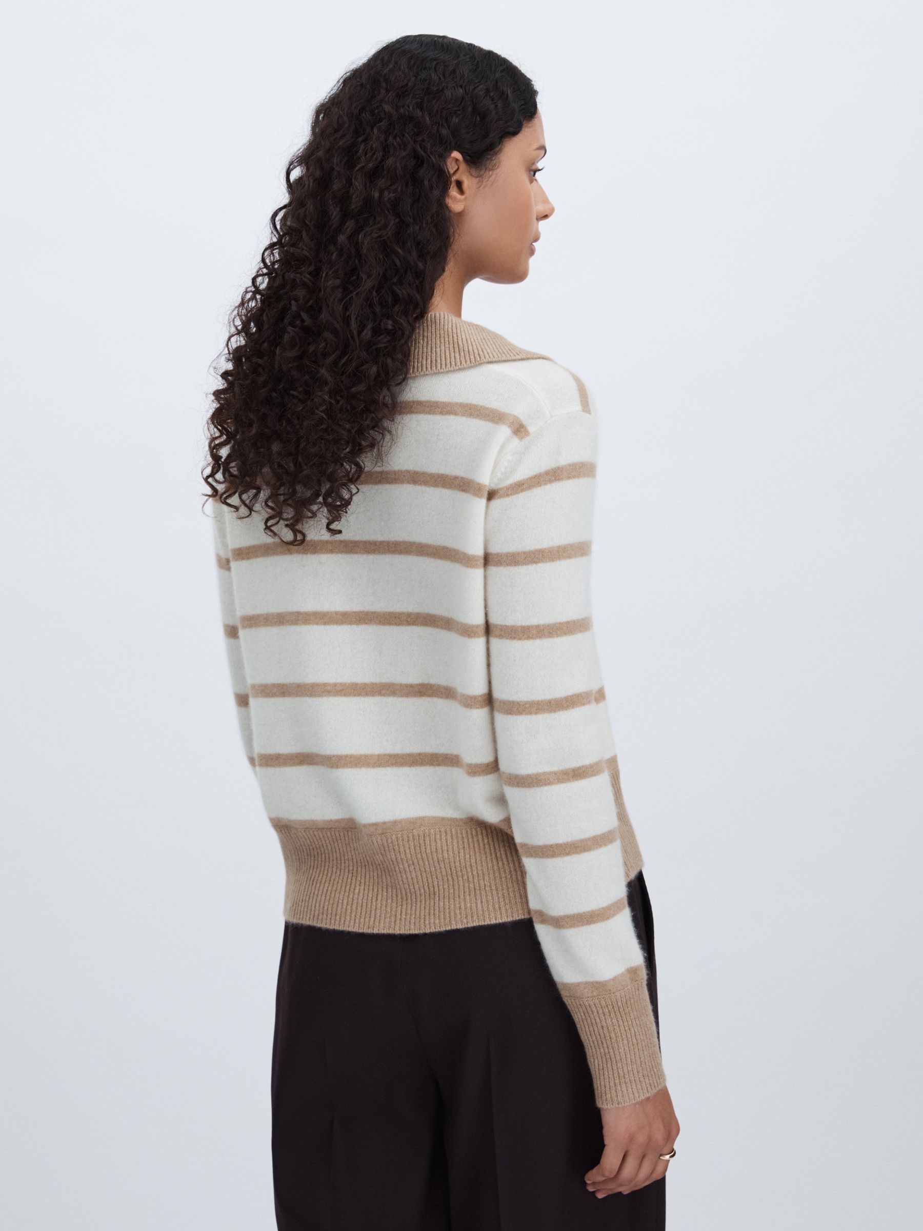 Cashmere Open Collar Striped Jumper in White/Beige - Image 5 of 6