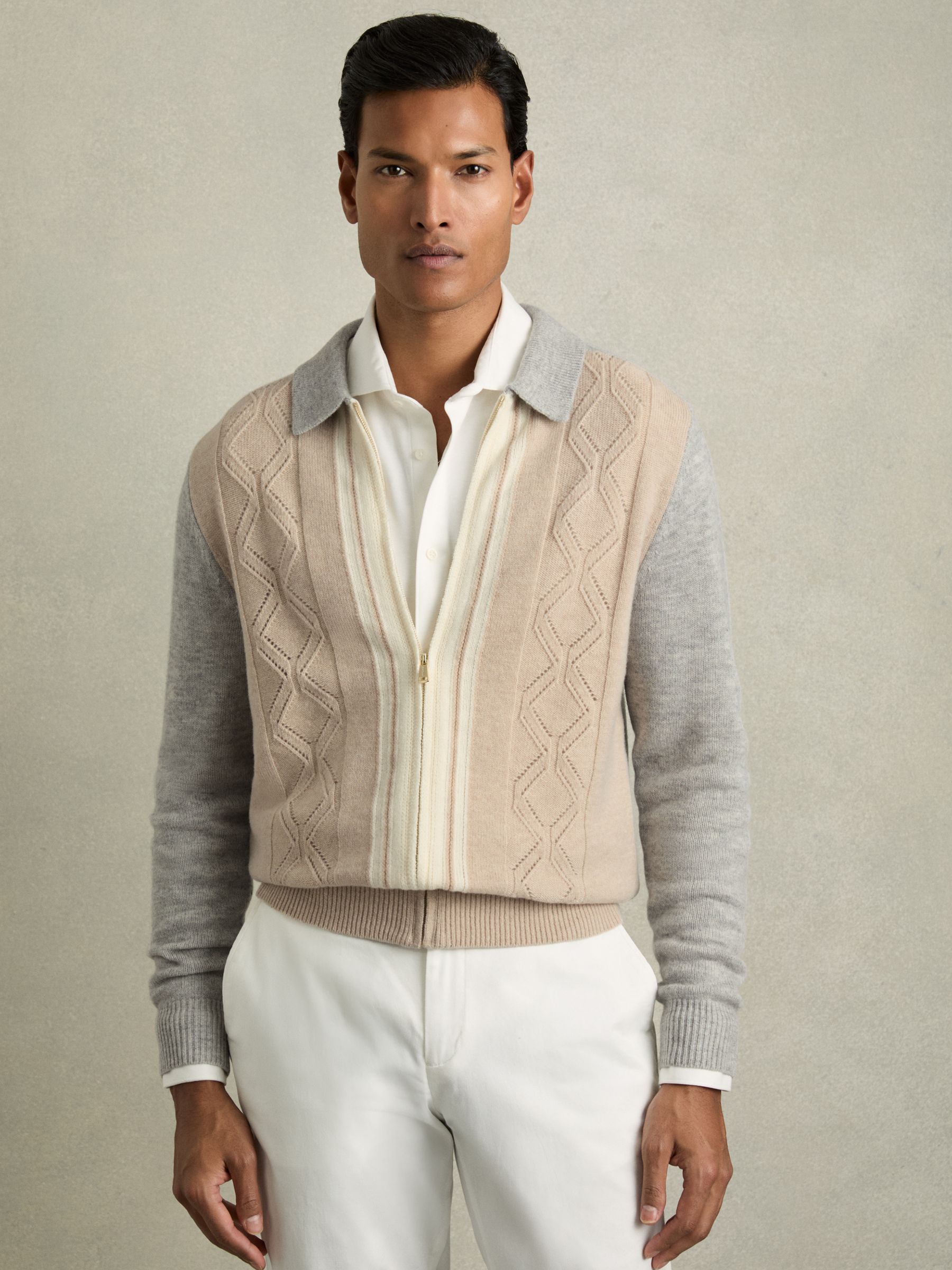 Wool Colour-Block Zip-Through Cardigan in Oatmeal/White - Image 1 of 6