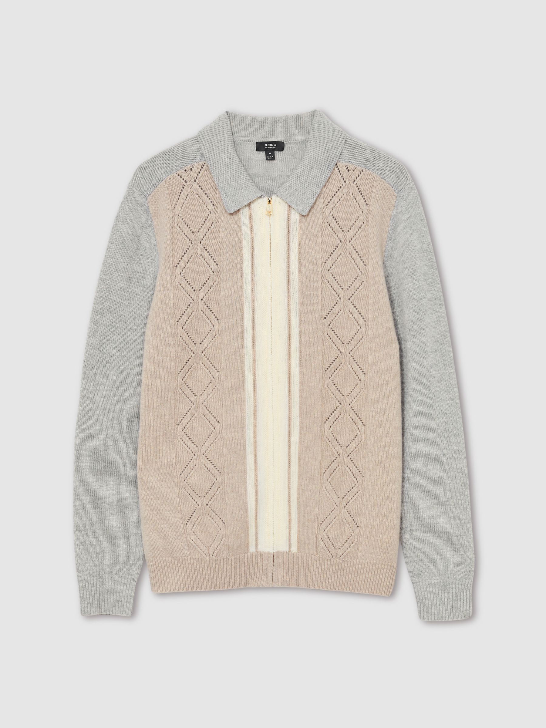 Wool Colour-Block Zip-Through Cardigan in Oatmeal/White - Image 2 of 6