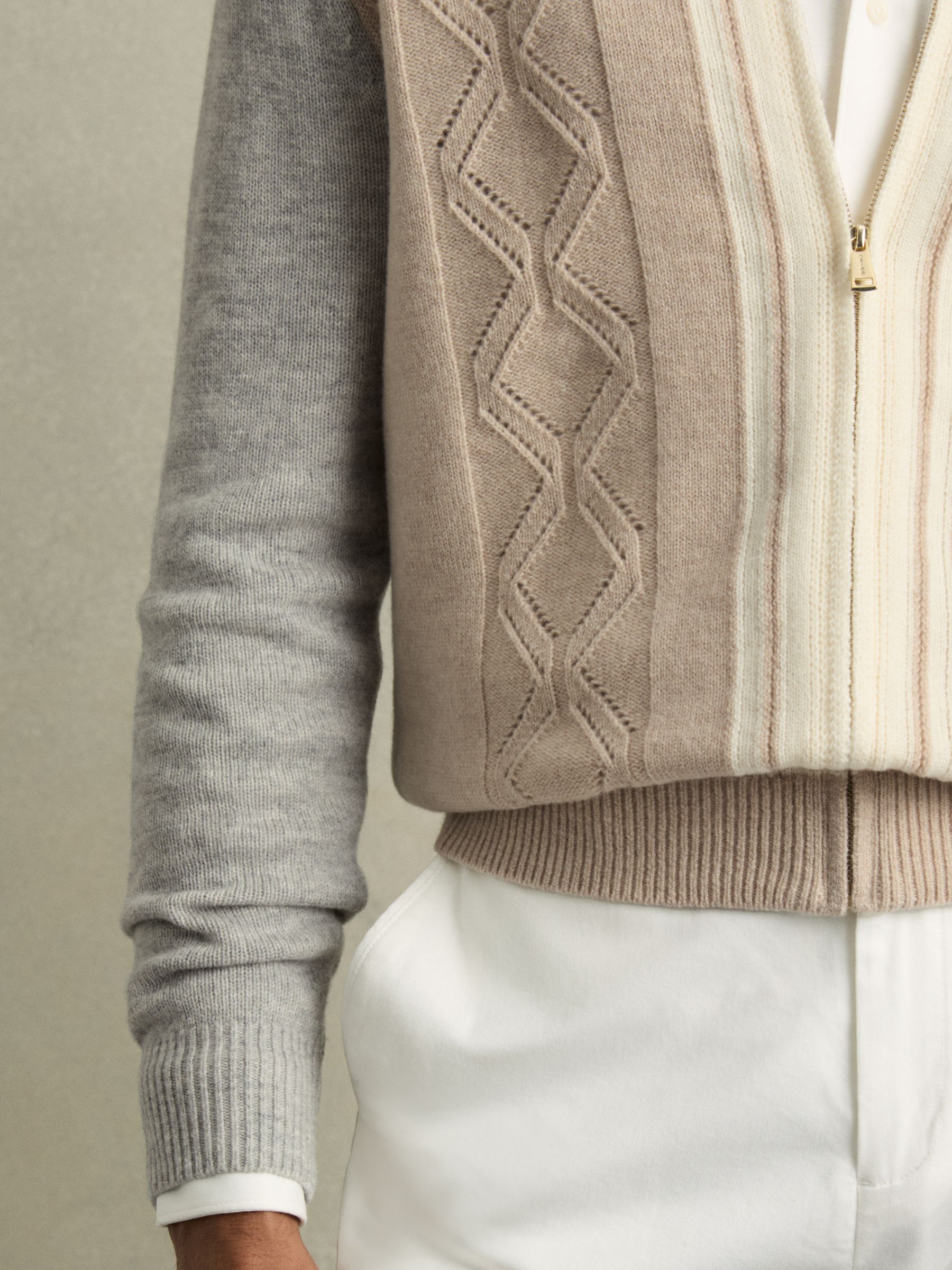 Wool Colour-Block Zip-Through Cardigan in Oatmeal/White - Image 3 of 6