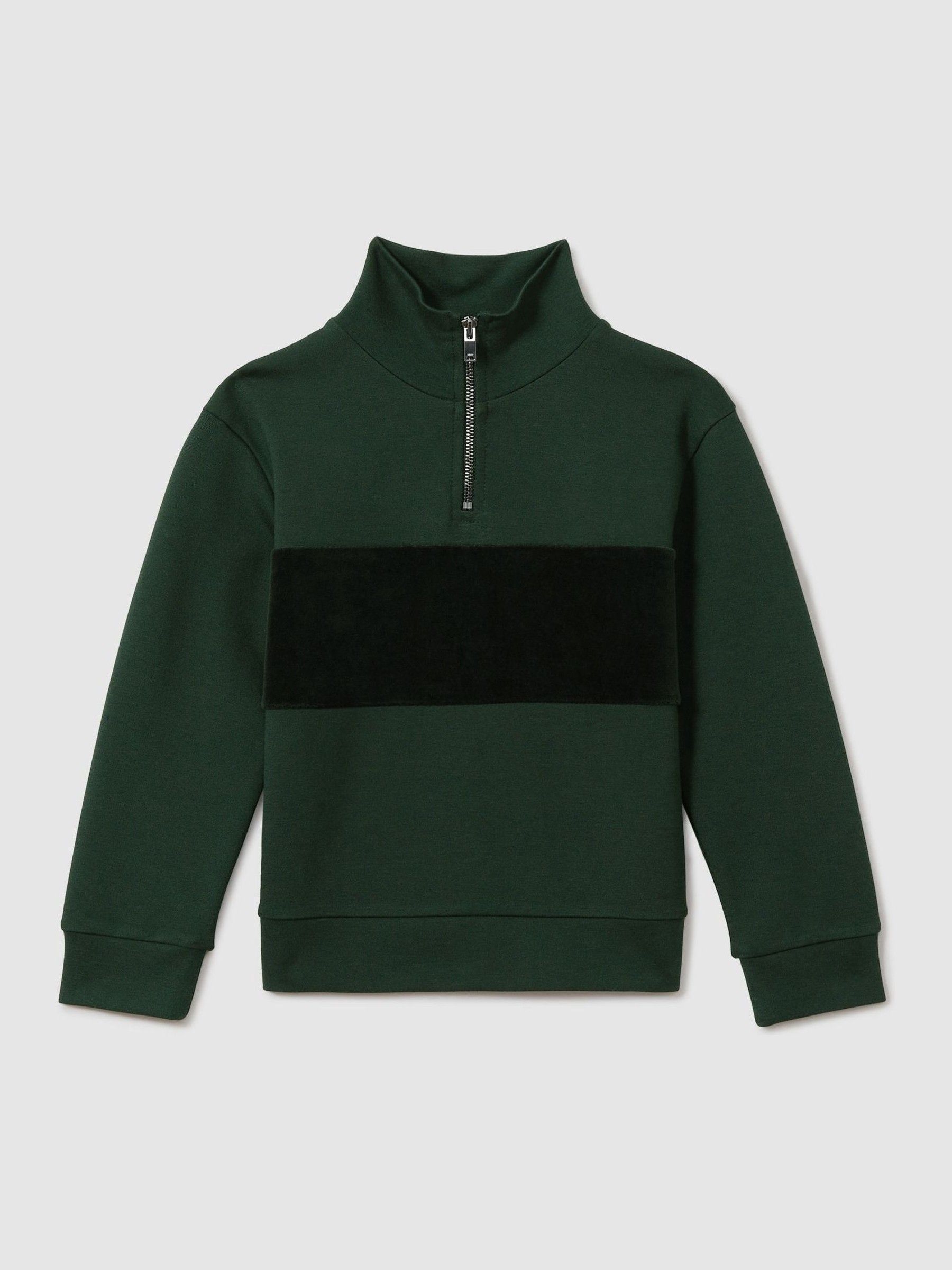 13-14 yrs Slim Fit Half-Zip Funnel Neck Velour Sweatshirt in Emerald Green - Image 1 of 4