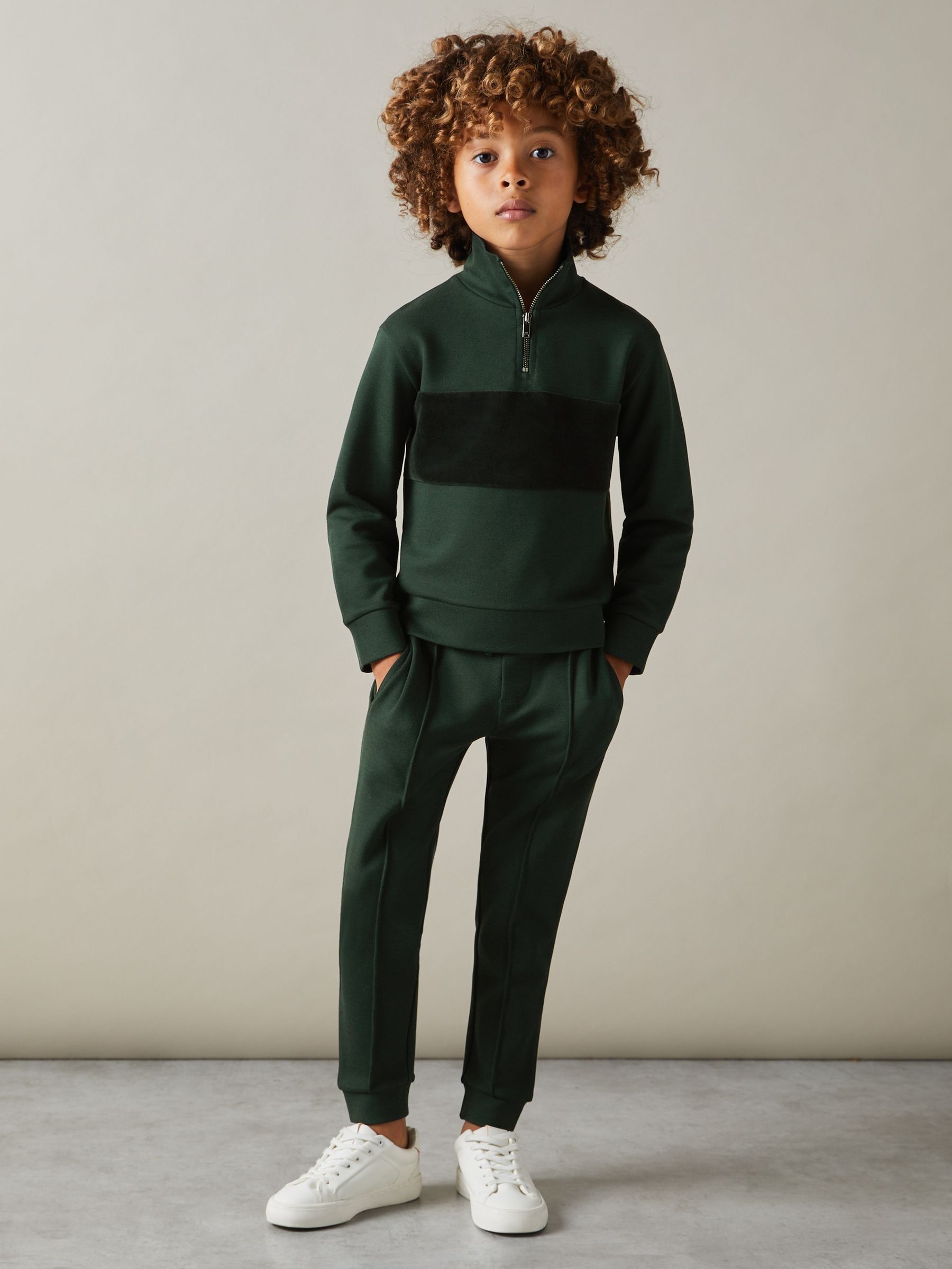 13-14 yrs Slim Fit Half-Zip Funnel Neck Velour Sweatshirt in Emerald Green - Image 2 of 4