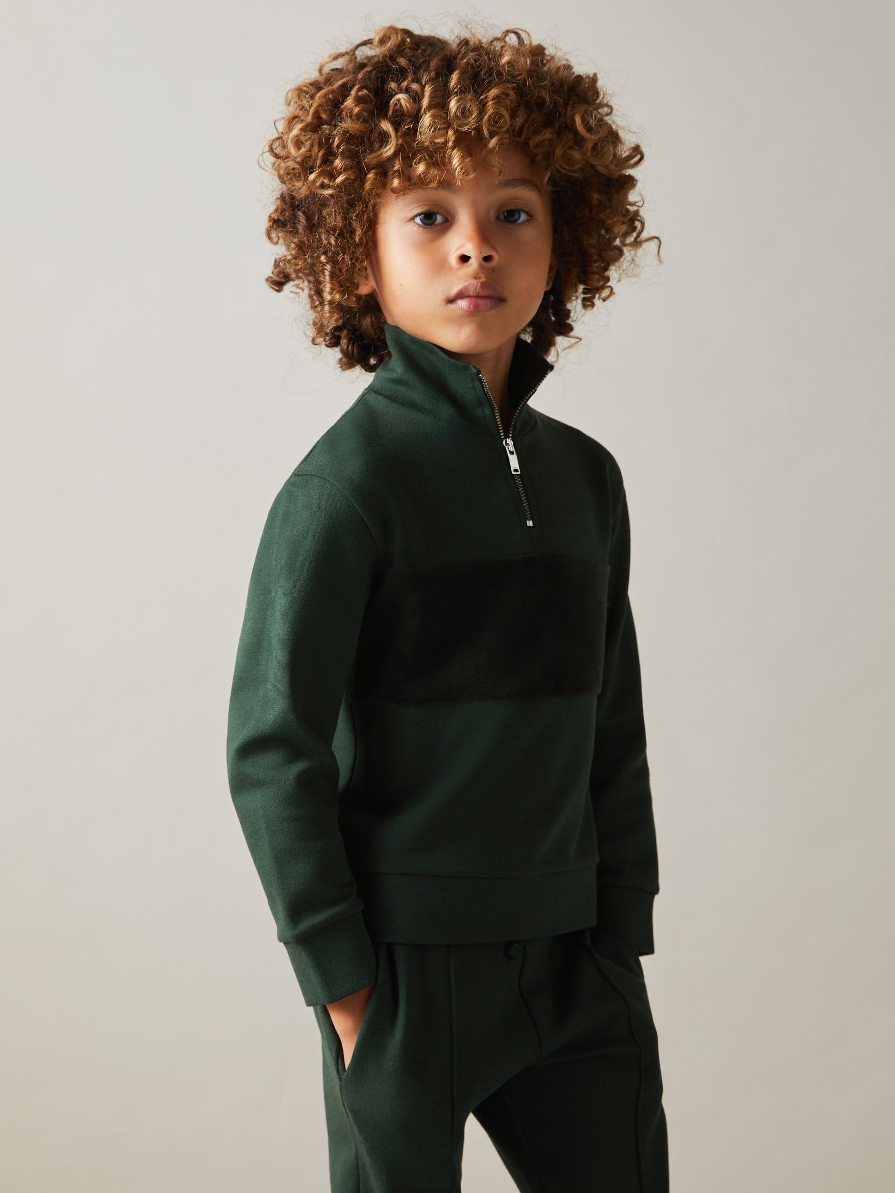 13-14 yrs Slim Fit Half-Zip Funnel Neck Velour Sweatshirt in Emerald Green - Image 3 of 4