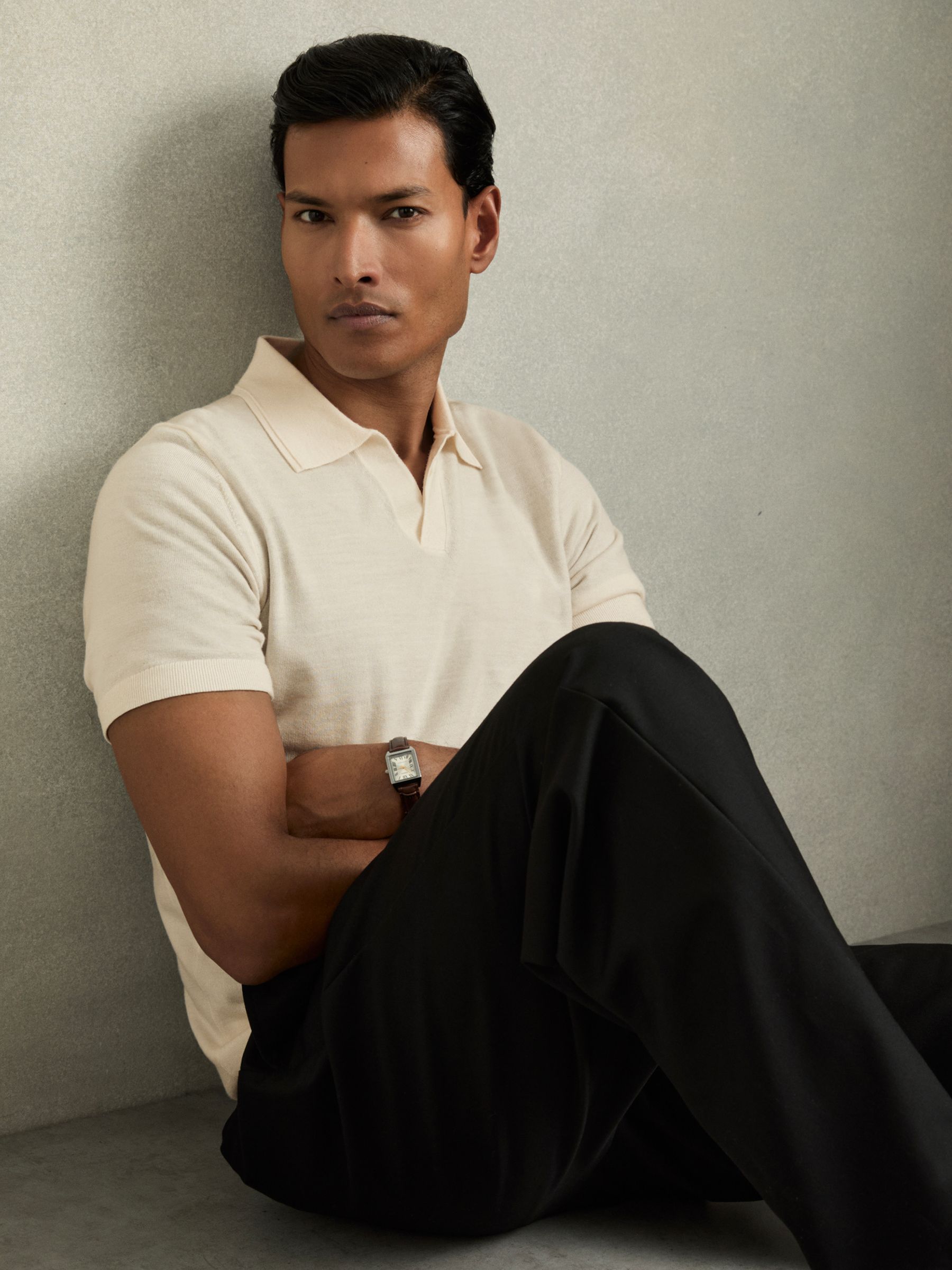 Merino Wool Open Collar Polo Shirt in Snow White - Image 1 of 6