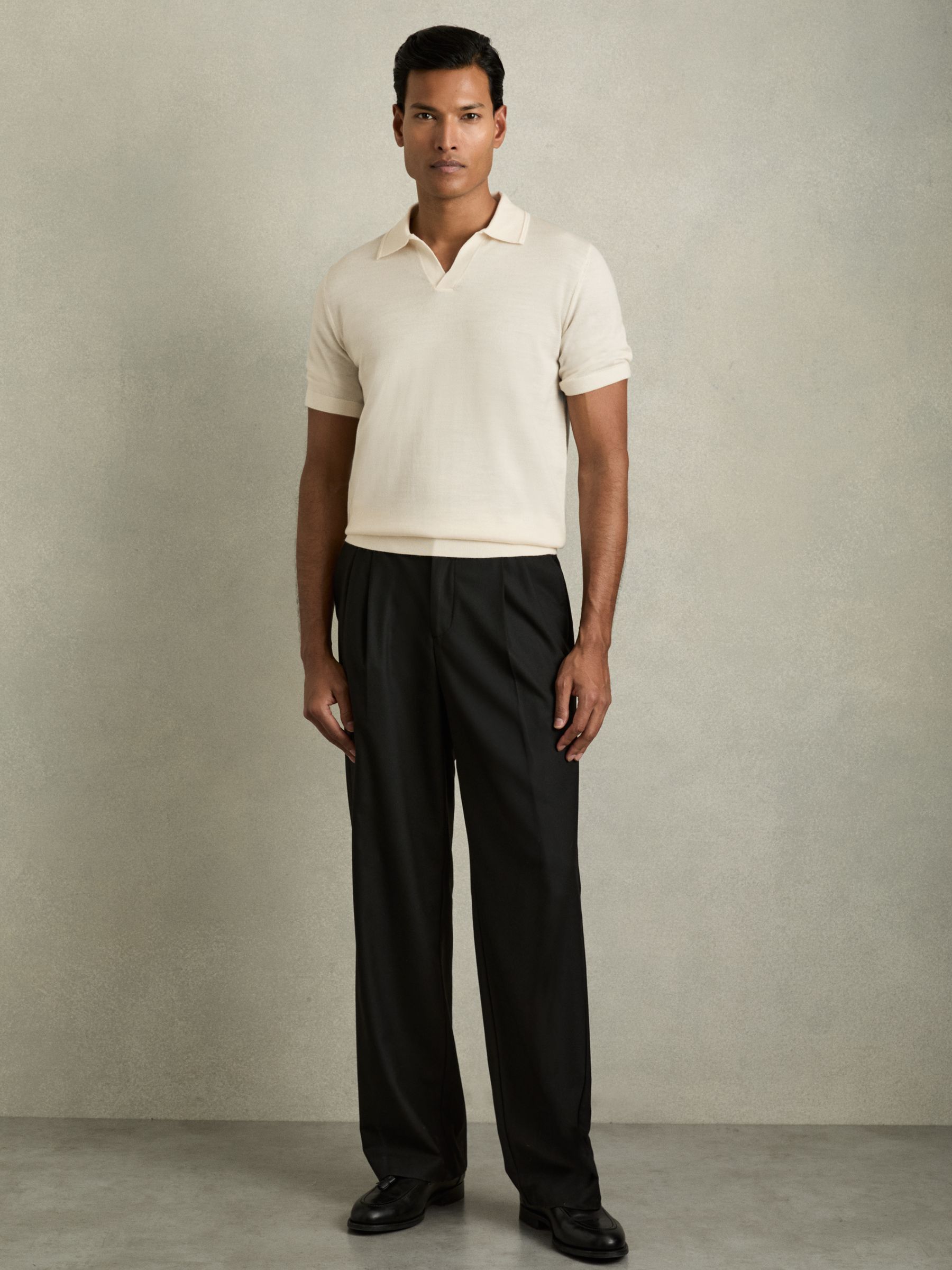 Merino Wool Open Collar Polo Shirt in Snow White - Image 3 of 6