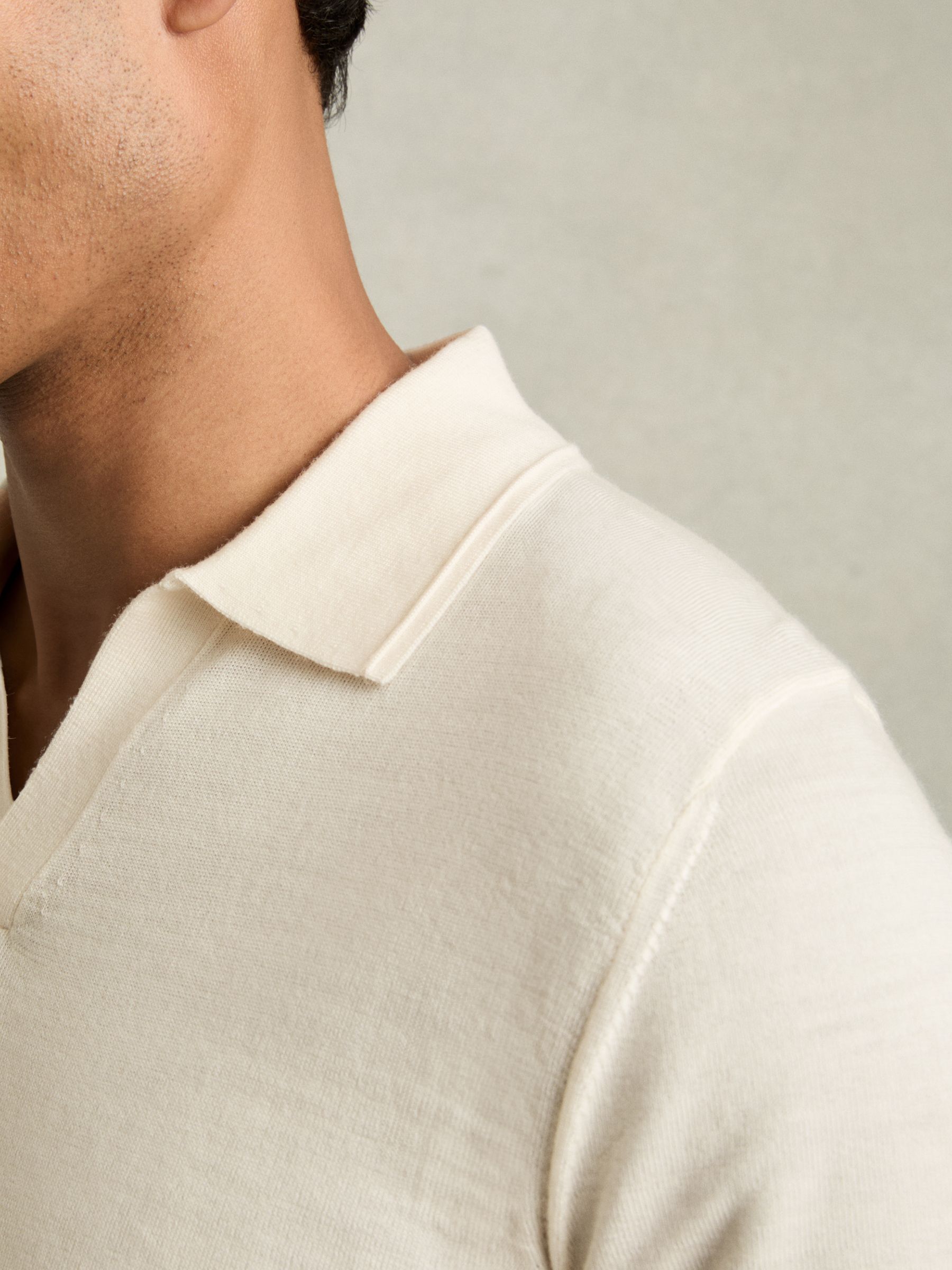 Merino Wool Open Collar Polo Shirt in Snow White - Image 4 of 6