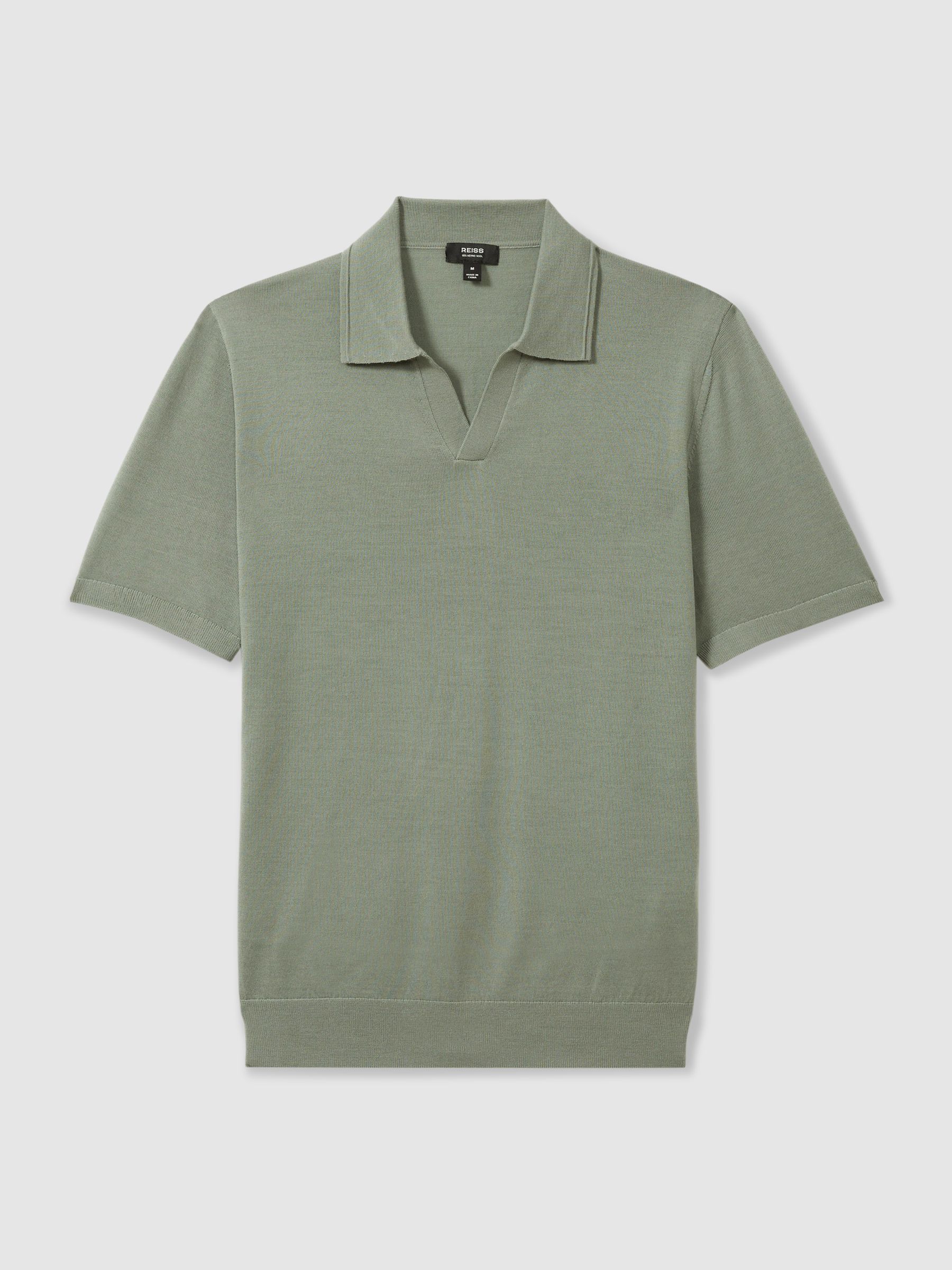 Merino Wool Open Collar Polo Shirt in Herb Green - Image 2 of 8
