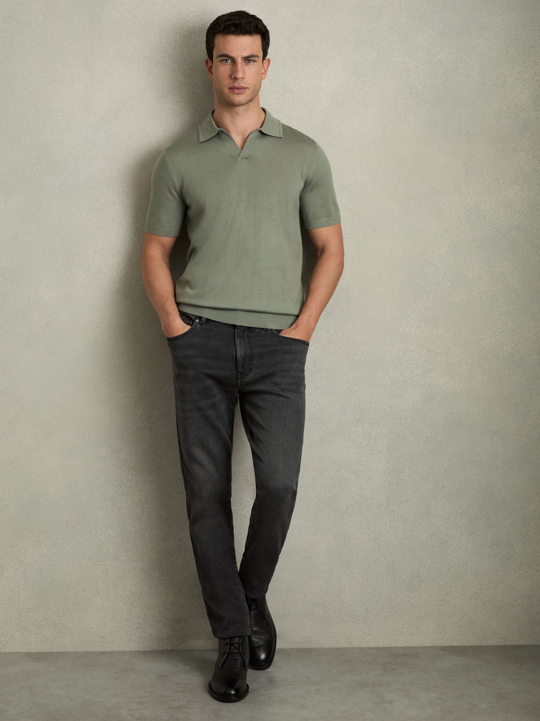 Merino Wool Open Collar Polo Shirt in Herb Green - Image 3 of 8