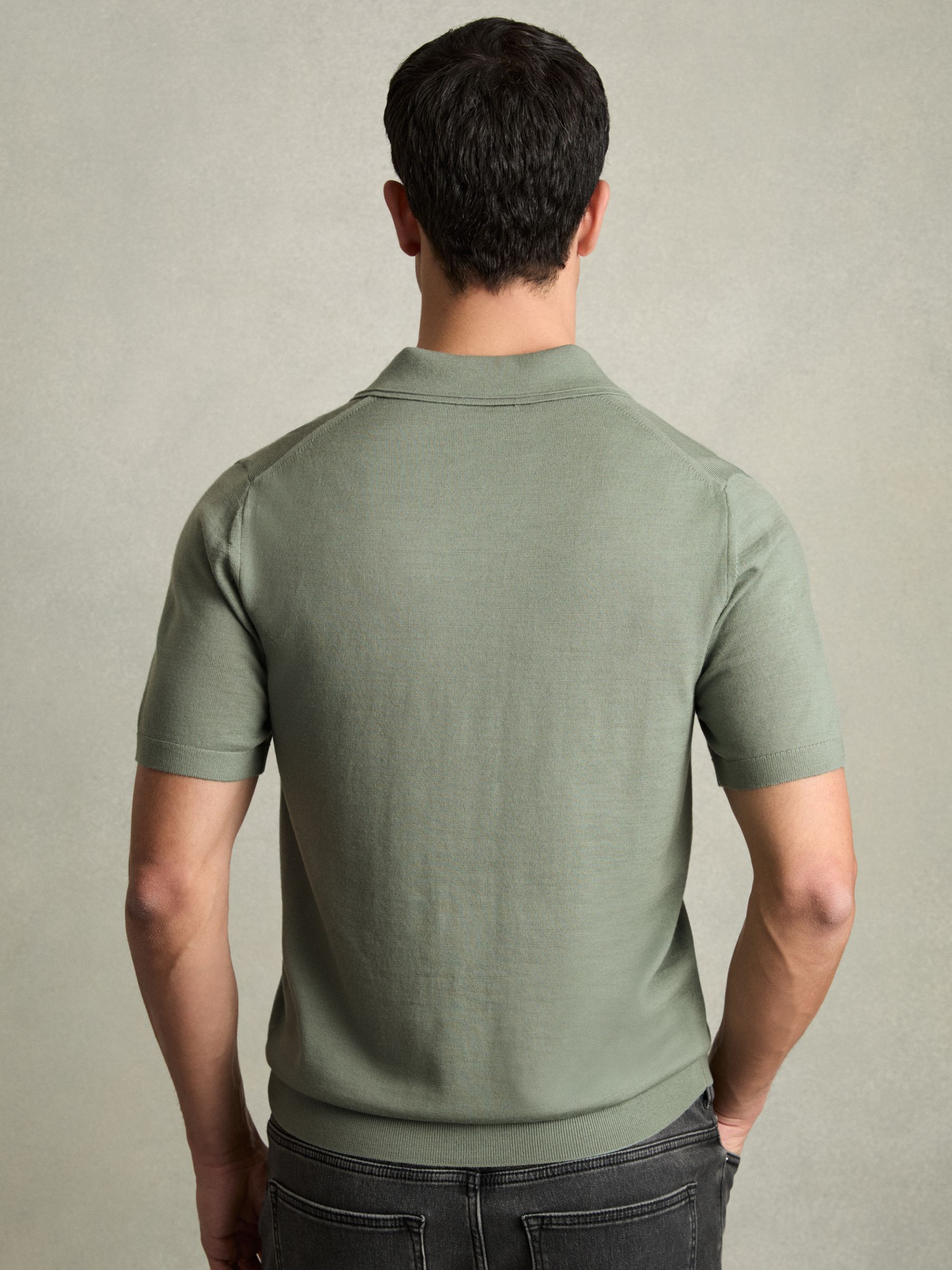 Merino Wool Open Collar Polo Shirt in Herb Green - Image 5 of 8