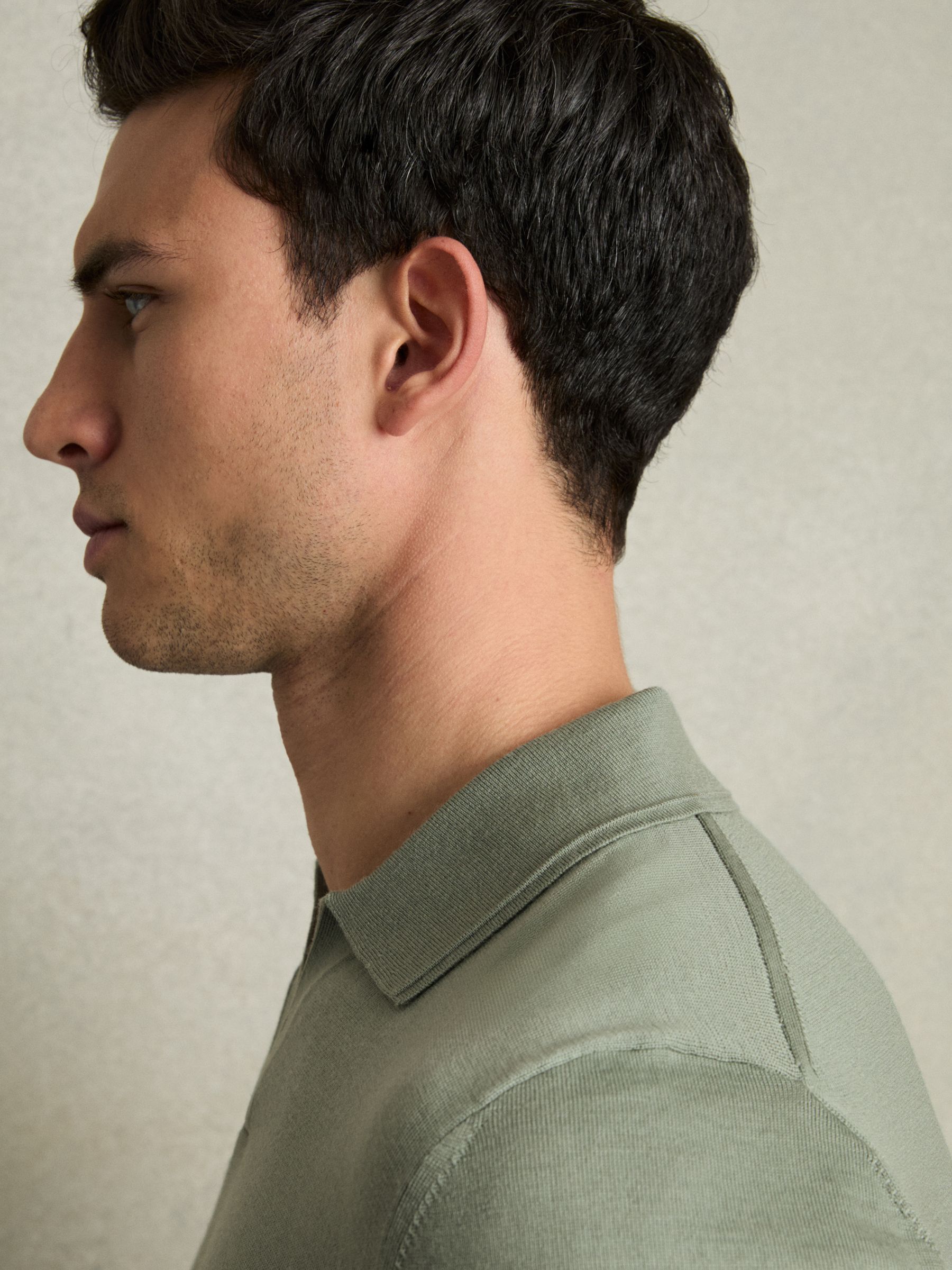 Merino Wool Open Collar Polo Shirt in Herb Green - Image 6 of 8