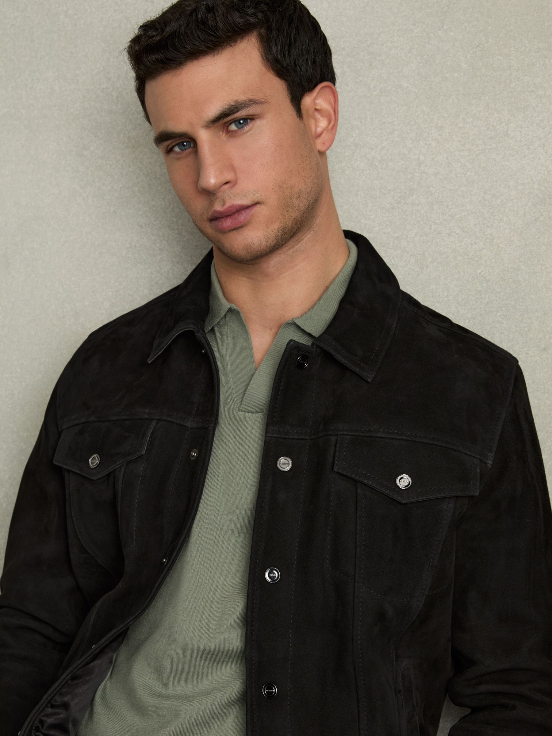 Merino Wool Open Collar Polo Shirt in Herb Green - Image 7 of 8