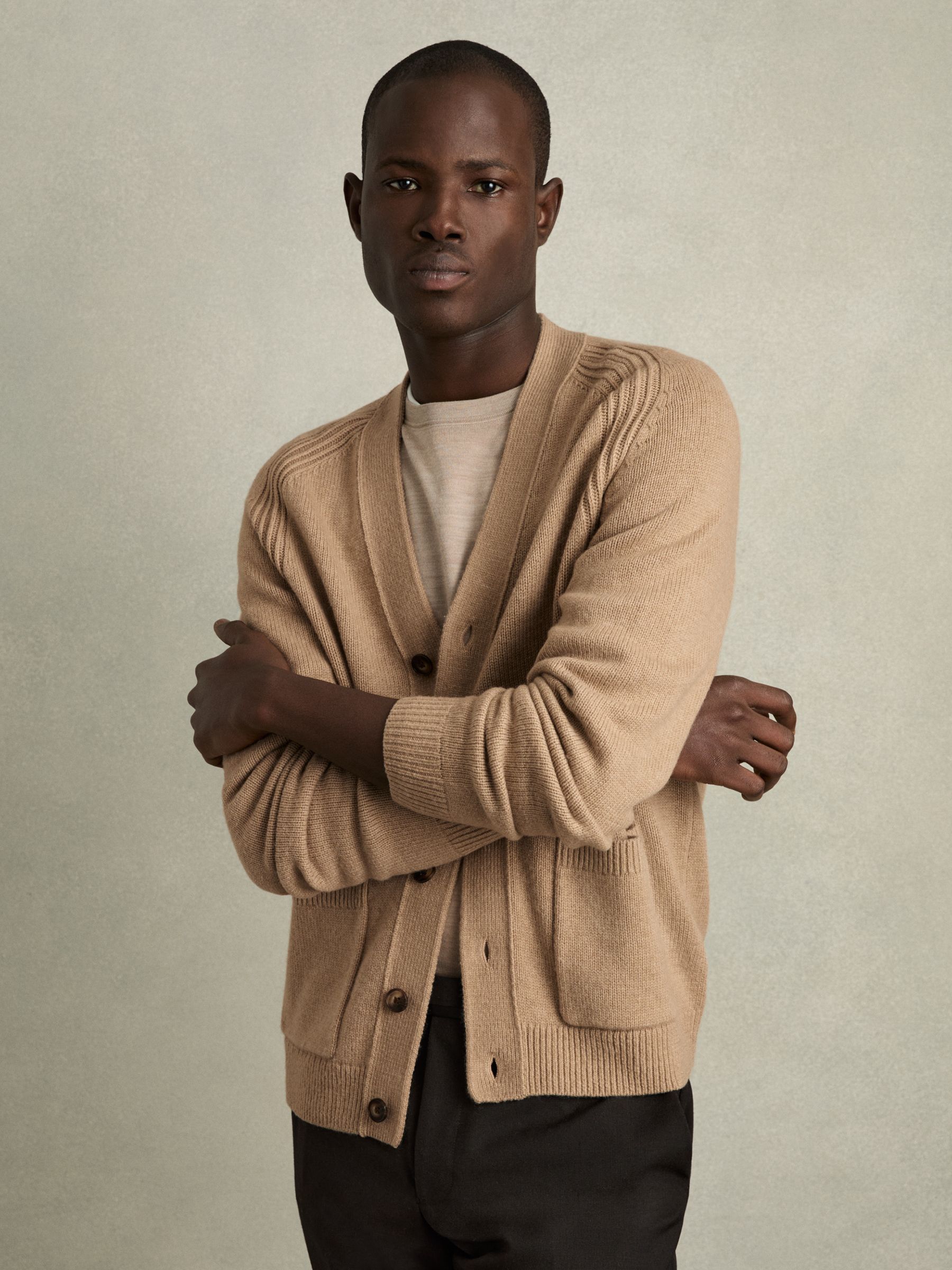 Wool-Blend Ridge-Seam Cardigan in Camel Brown - Image 1 of 7