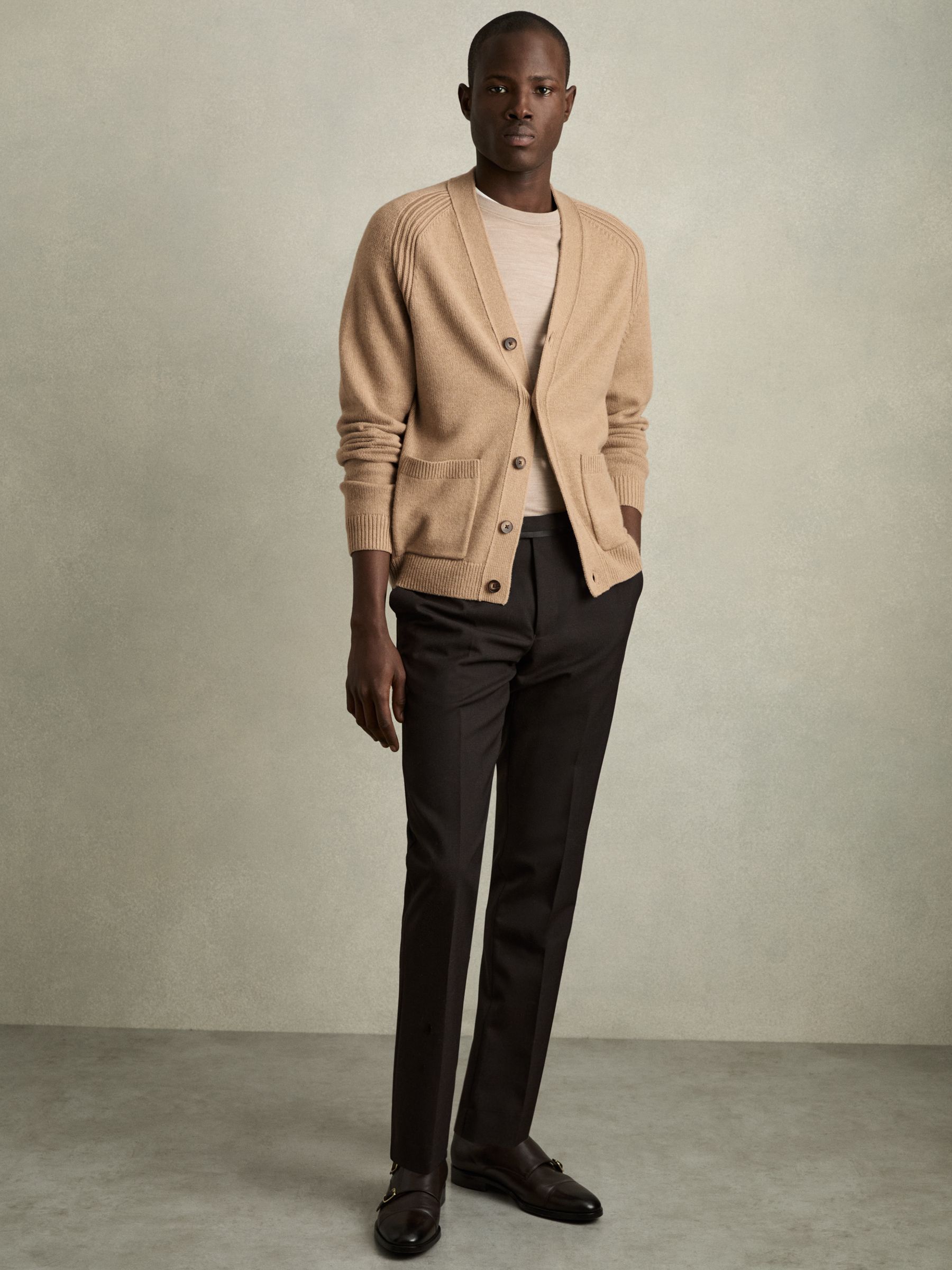 Wool-Blend Ridge-Seam Cardigan in Camel Brown - Image 3 of 7