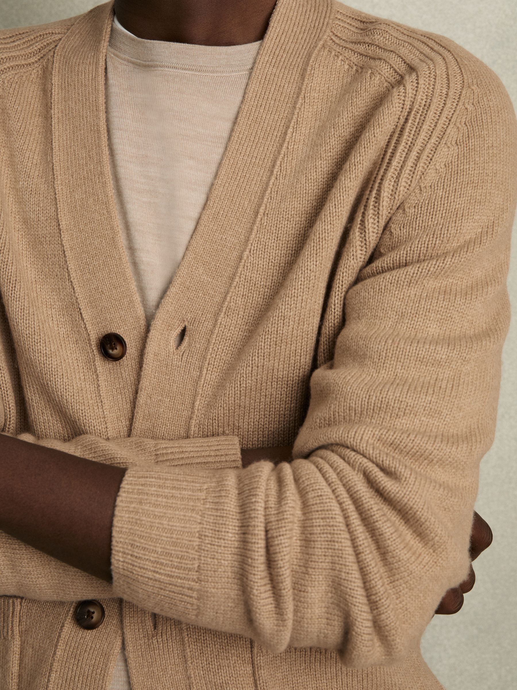 Wool-Blend Ridge-Seam Cardigan in Camel Brown - Image 4 of 7