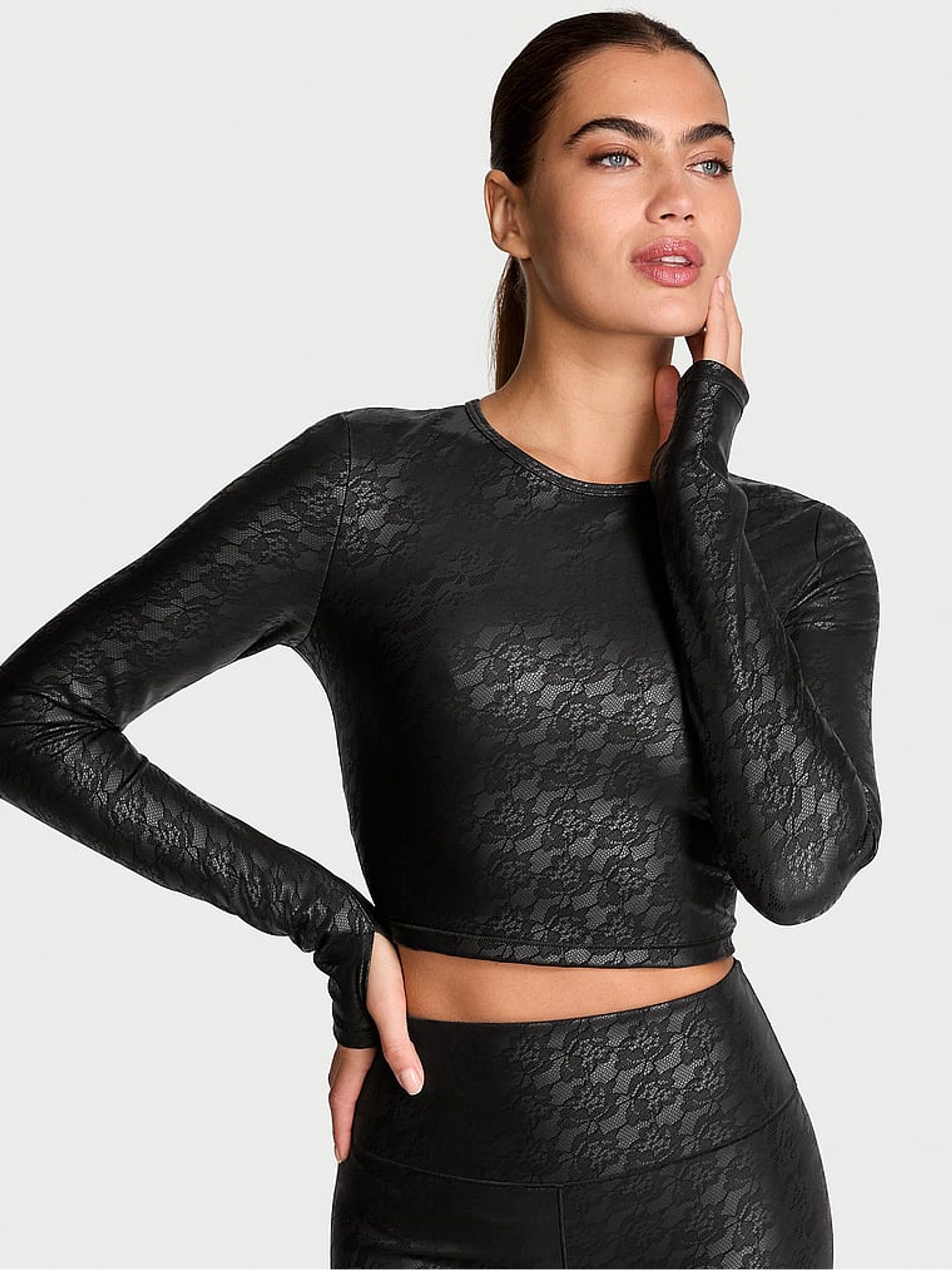 Black Faux Leather Lace Long Sleeve Crop Top - Image 1 of 3