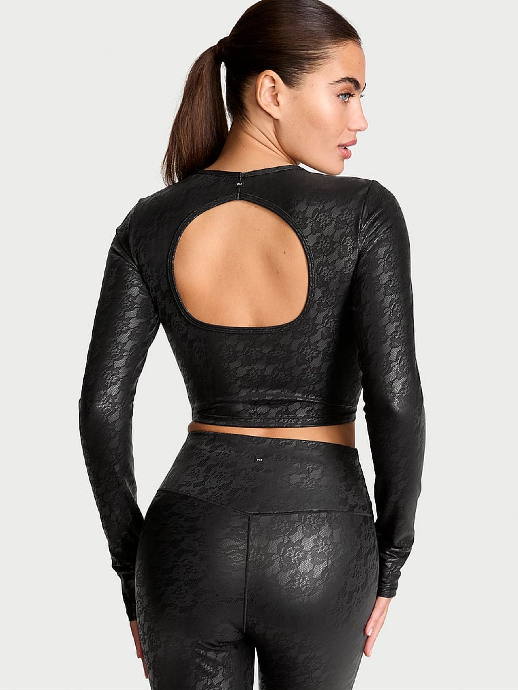 Black Faux Leather Lace Long Sleeve Crop Top - Image 2 of 3