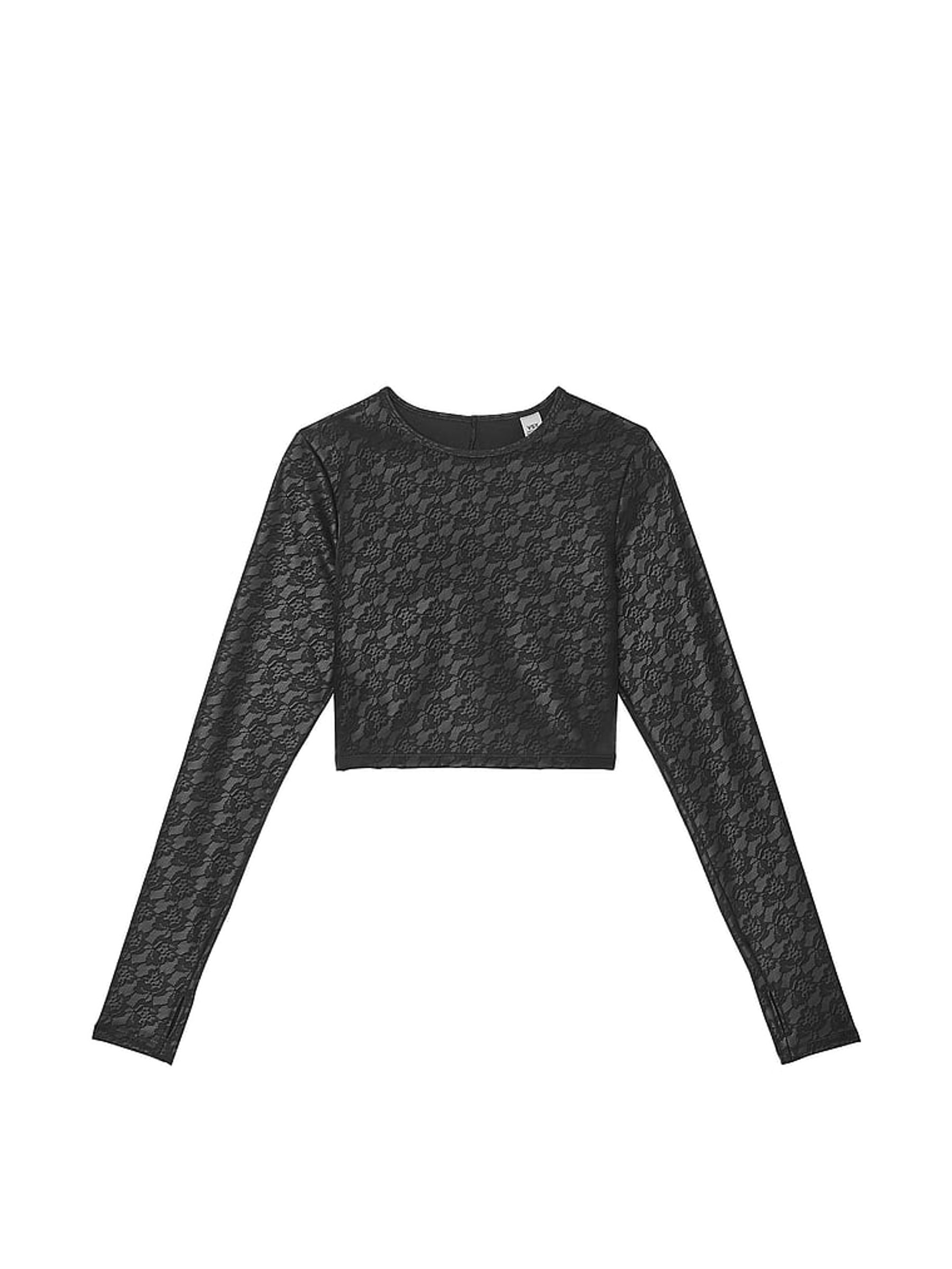 Black Faux Leather Lace Long Sleeve Crop Top - Image 3 of 3