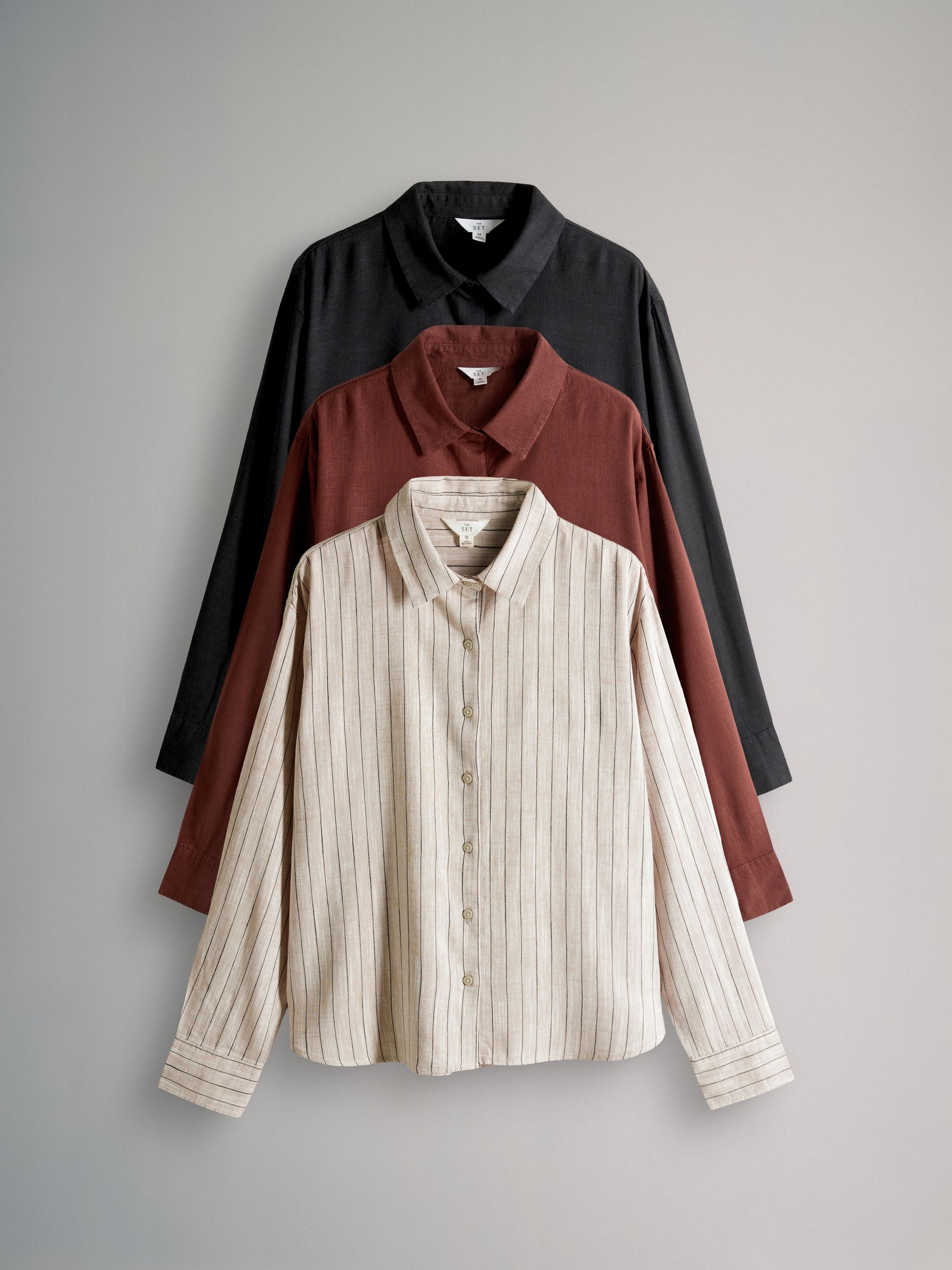 Black/Red/Ecru Stripe 3 Pack Button Through Long Sleeve Shirts with Linen - Image 2 of 11 Black/Red/Ecru Stripe 3 Pack Button Through Long Sleeve Shirts with Linen - Image 2 of 11