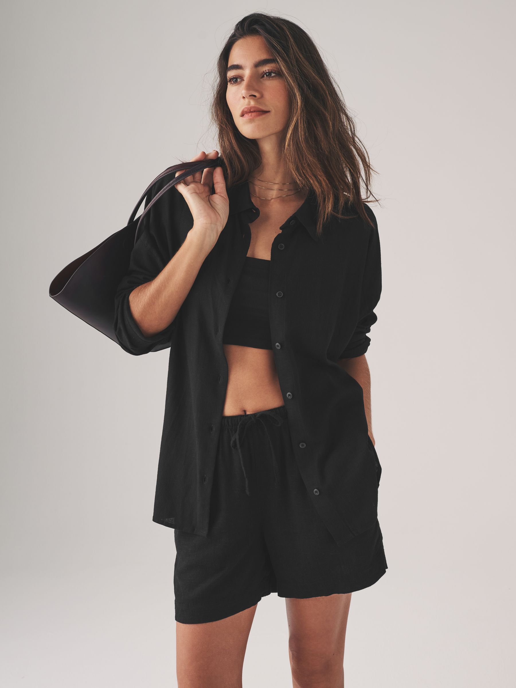 Black/Red/Ecru Stripe 3 Pack Button Through Long Sleeve Shirts with Linen - Image 3 of 11