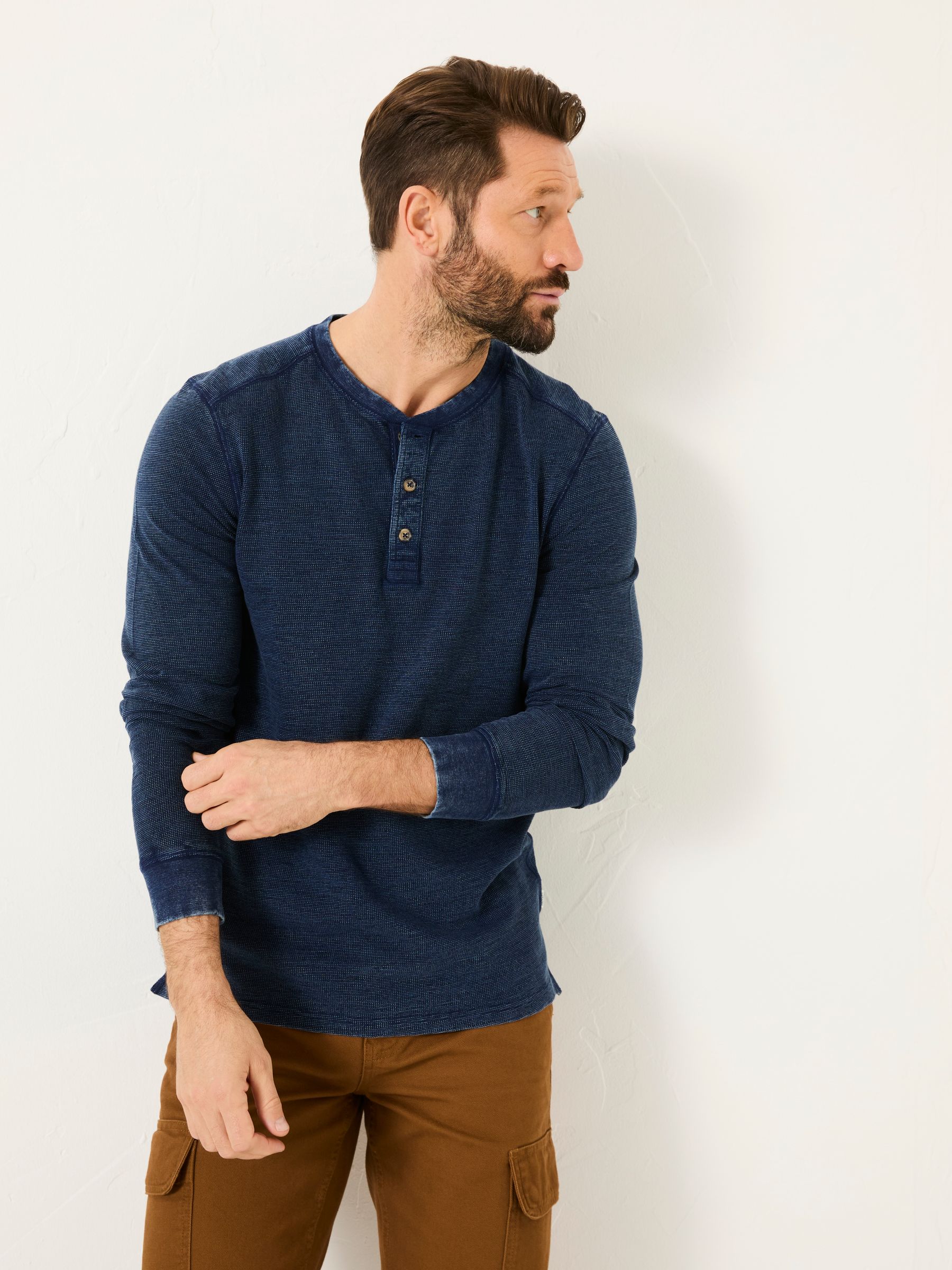 Indigo Blue 100% Cotton Ower Henley T-Shirt - Image 1 of 8