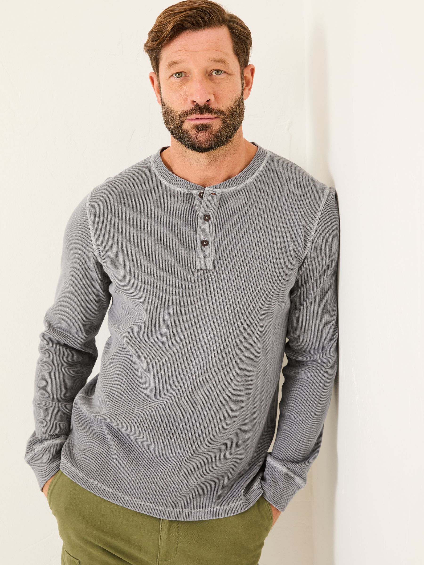 Grey Long Sleeve Waffle Henley T-Shirt - Image 1 of 7