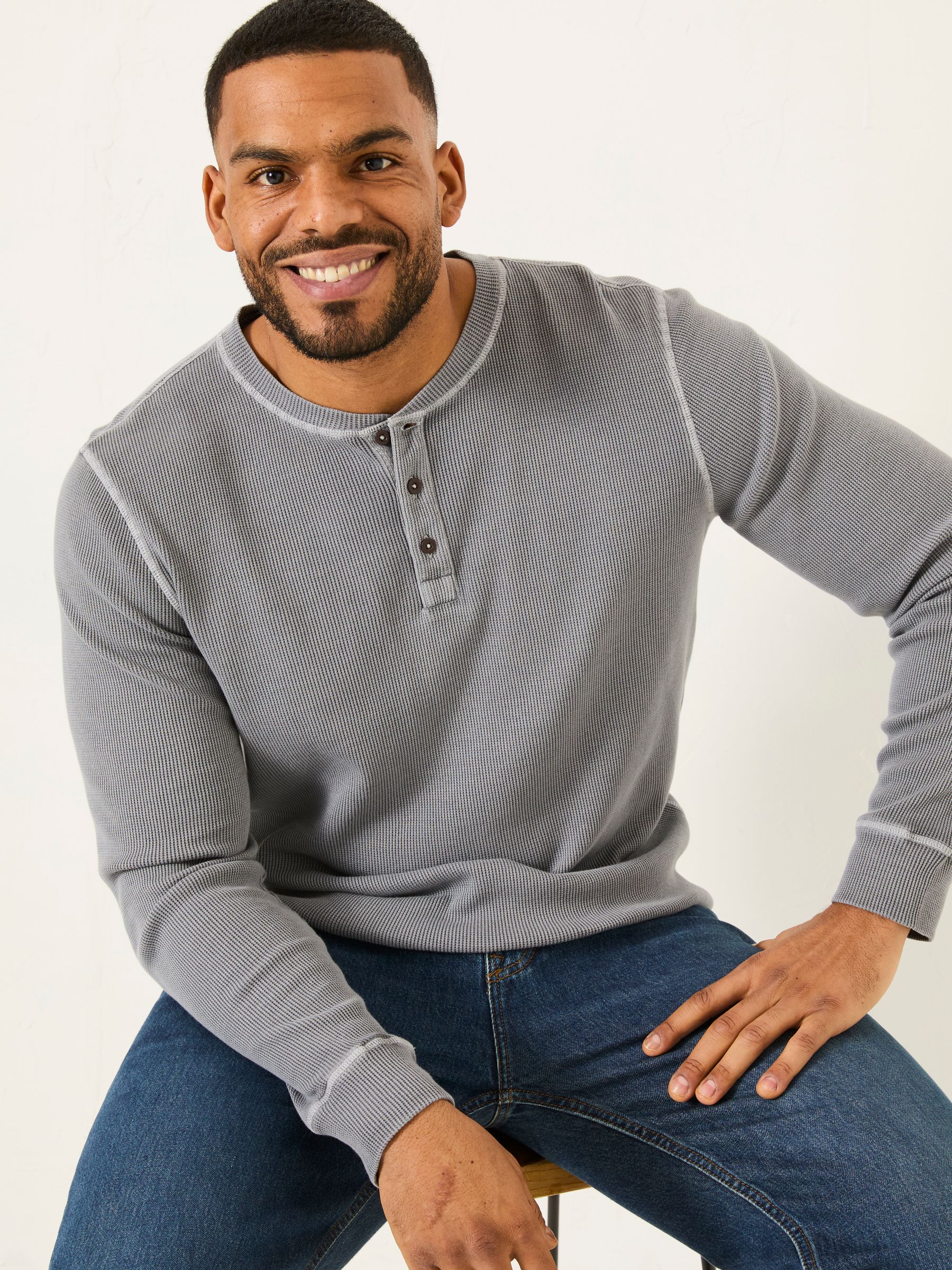 Grey Long Sleeve Waffle Henley T-Shirt - Image 5 of 7