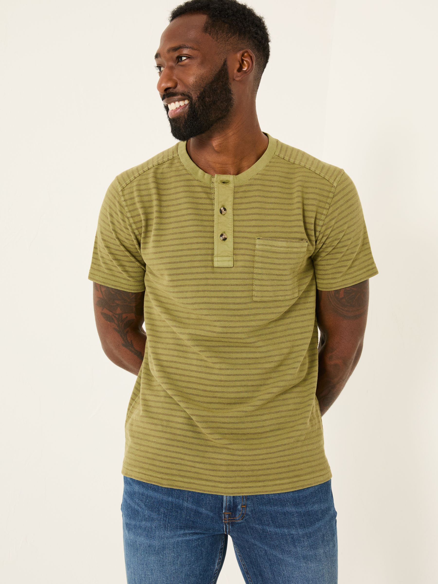 Light Green Overdye Stripe Henley Tshirt - Image 1 of 5