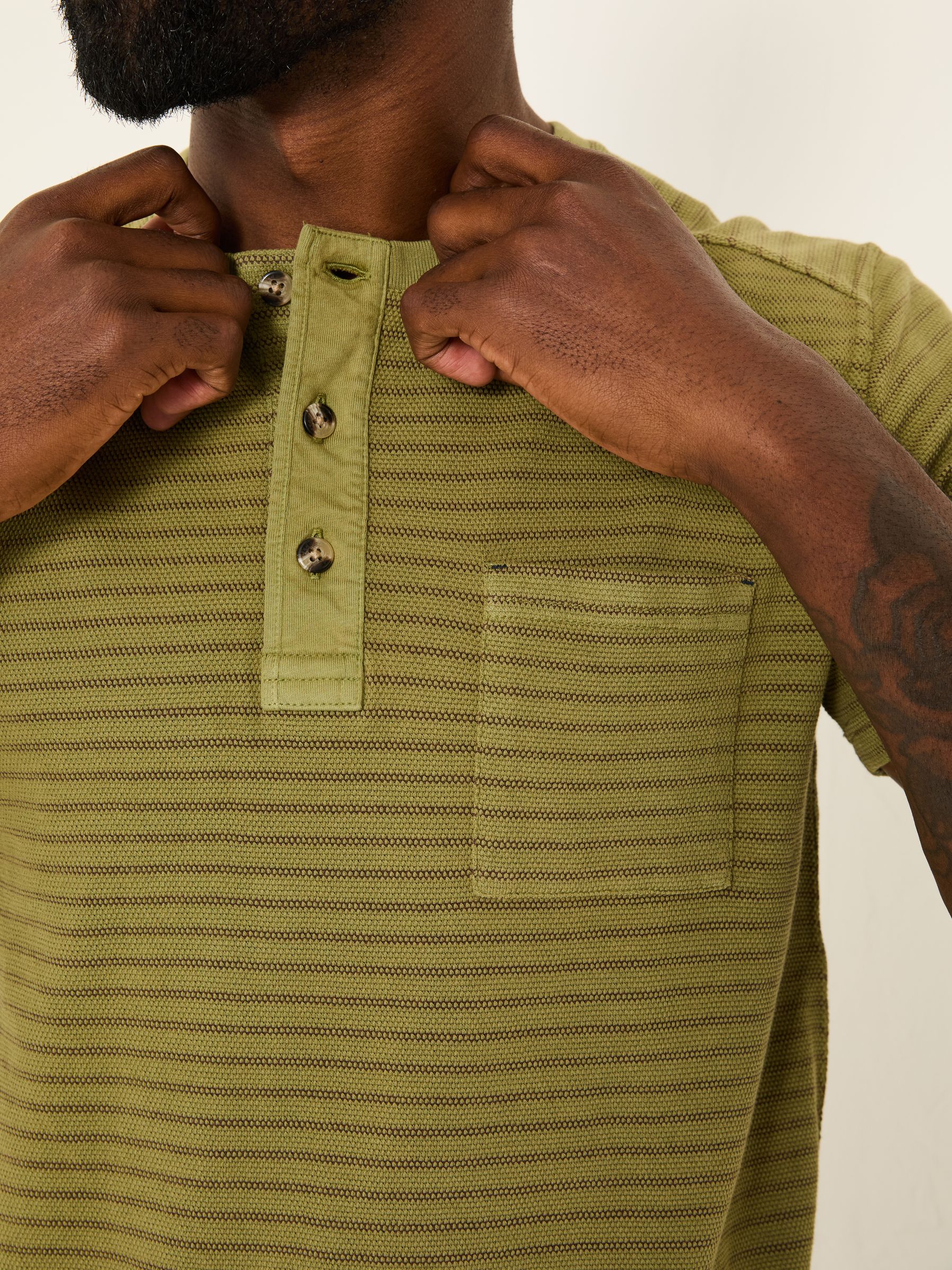 Light Green Overdye Stripe Henley Tshirt - Image 4 of 5