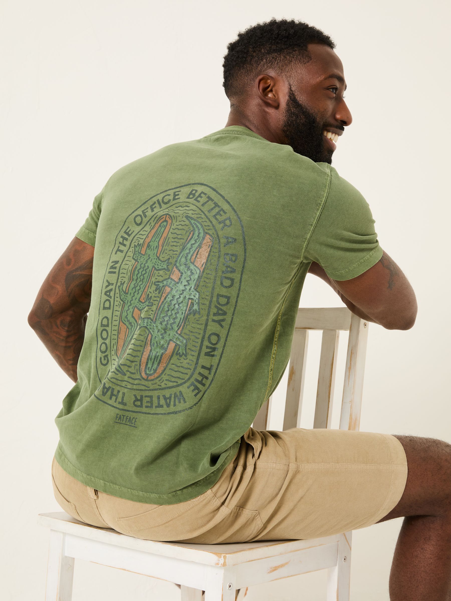Green Surfing Crocodile 100% Cotton Short Sleeve Graphic T-Shirt - Image 3 of 6