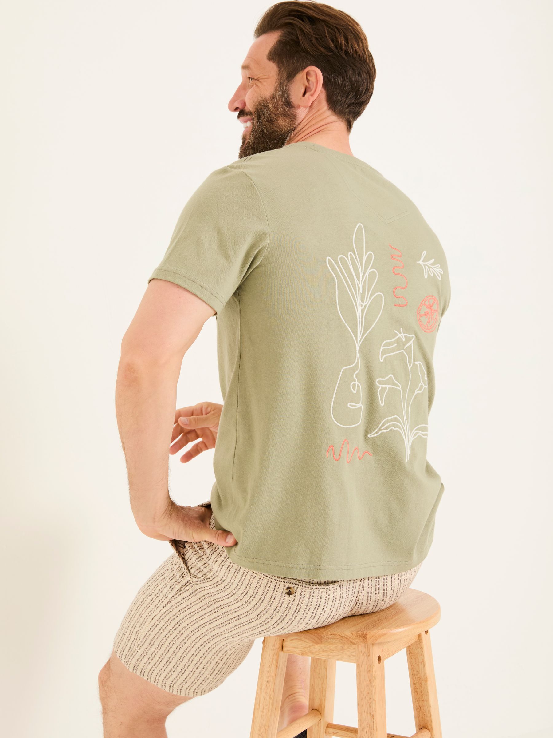 Light Green Embroidered Abstract Plants 100% Cotton T-Shirt - Image 4 of 6