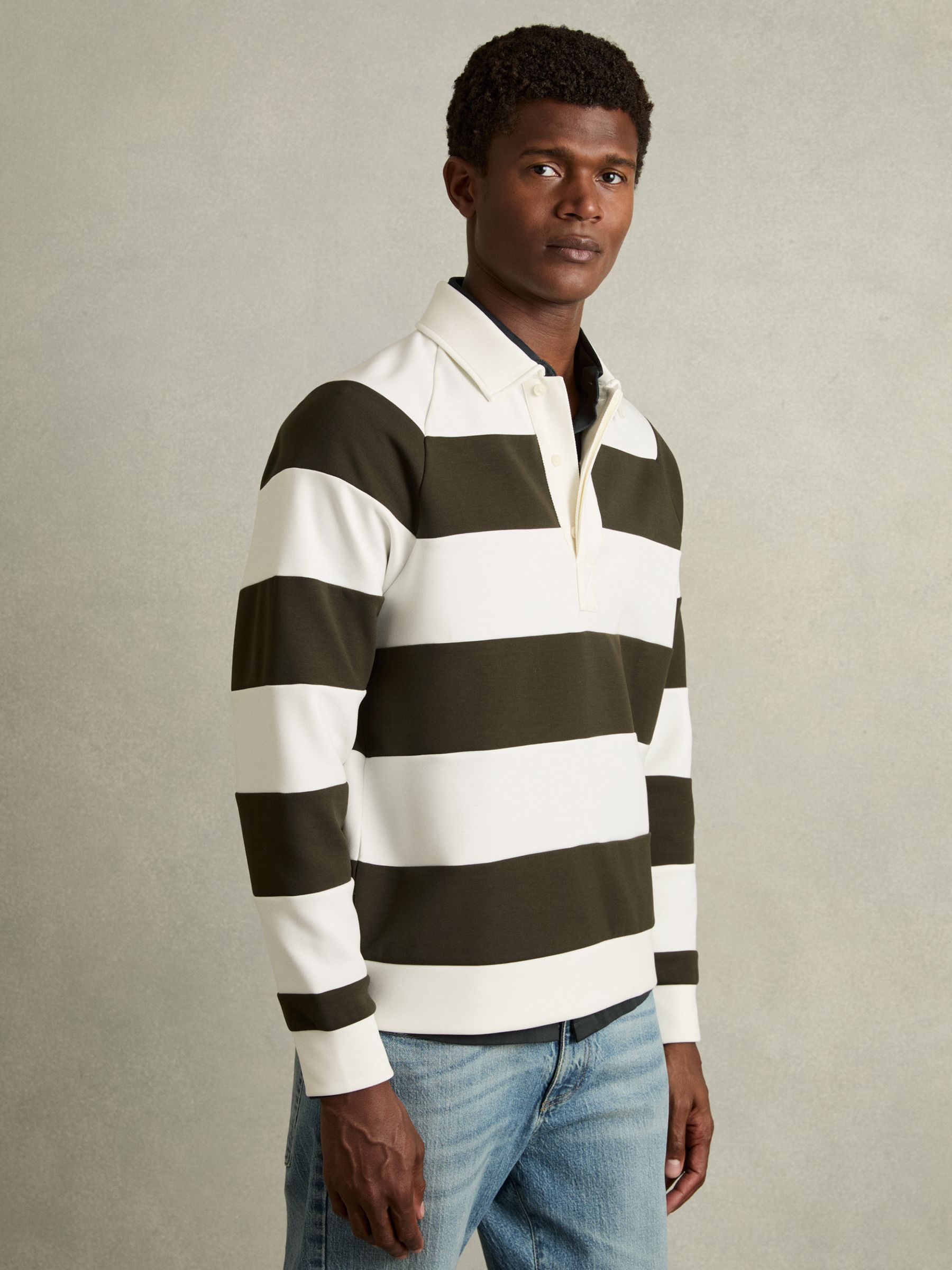 Rugby-Stripe Long-Sleeve T-Shirt in White/Dark Green - Image 3 of 6