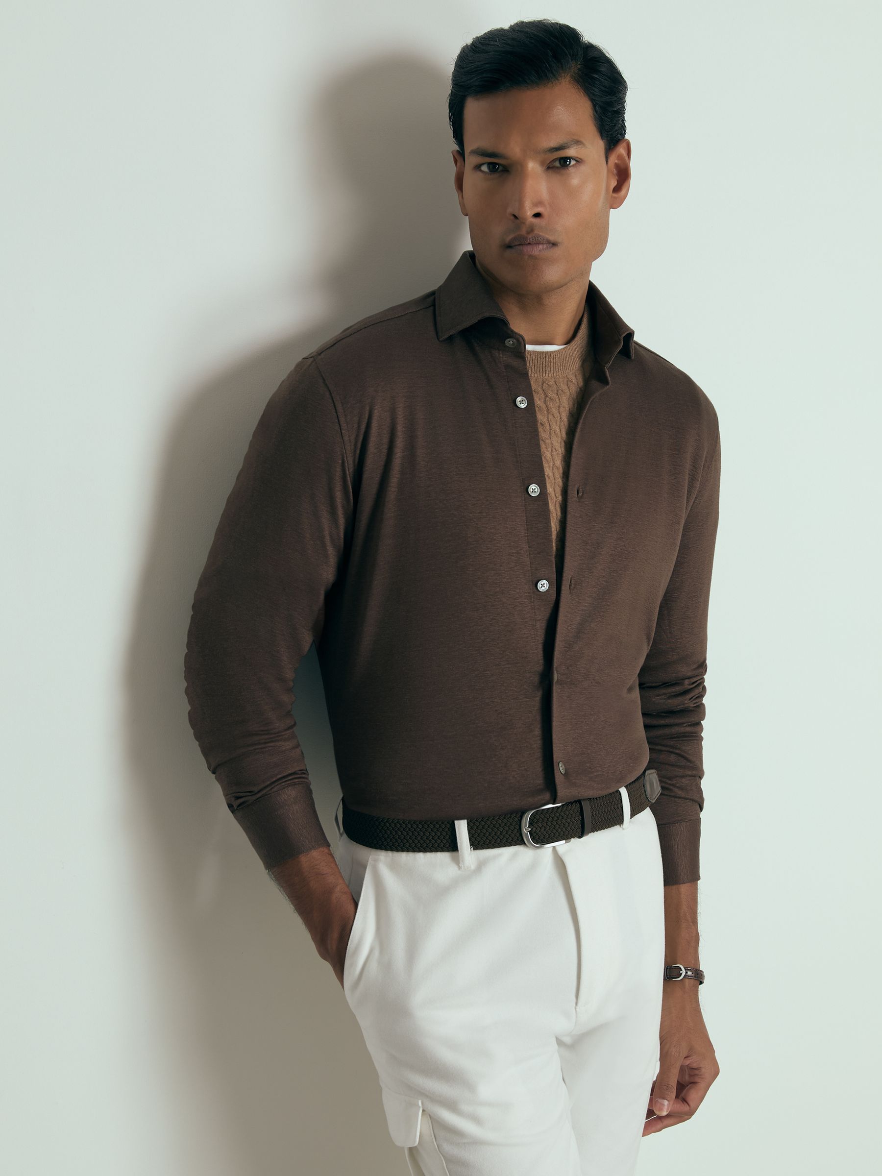 Atelier Linen-Blend-Jersey Shirt in Brown - Image 1 of 6 Atelier Linen-Blend-Jersey Shirt in Brown - Image 1 of 6