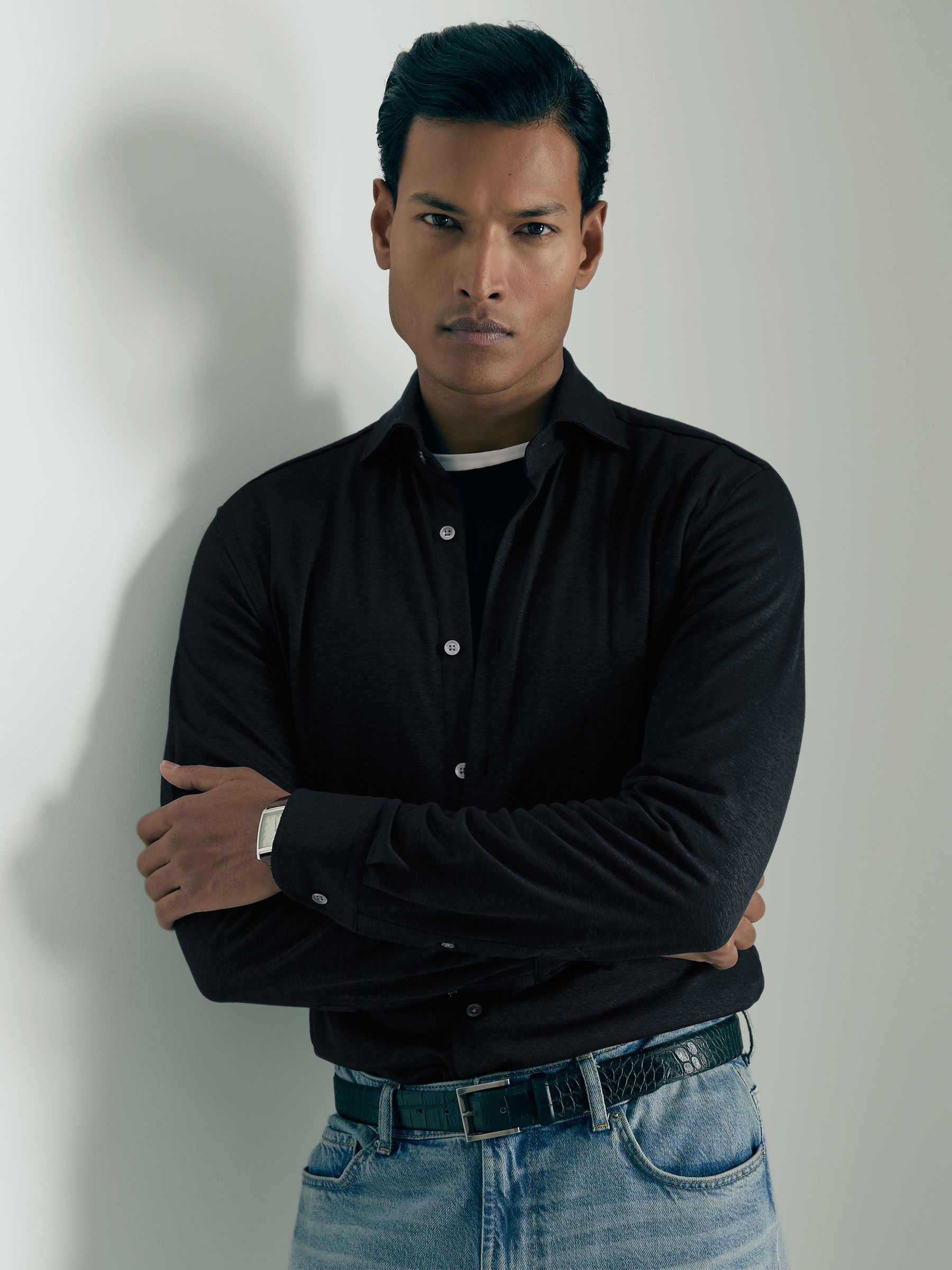 Atelier Linen-Blend-Jersey Shirt in Navy - Image 1 of 6