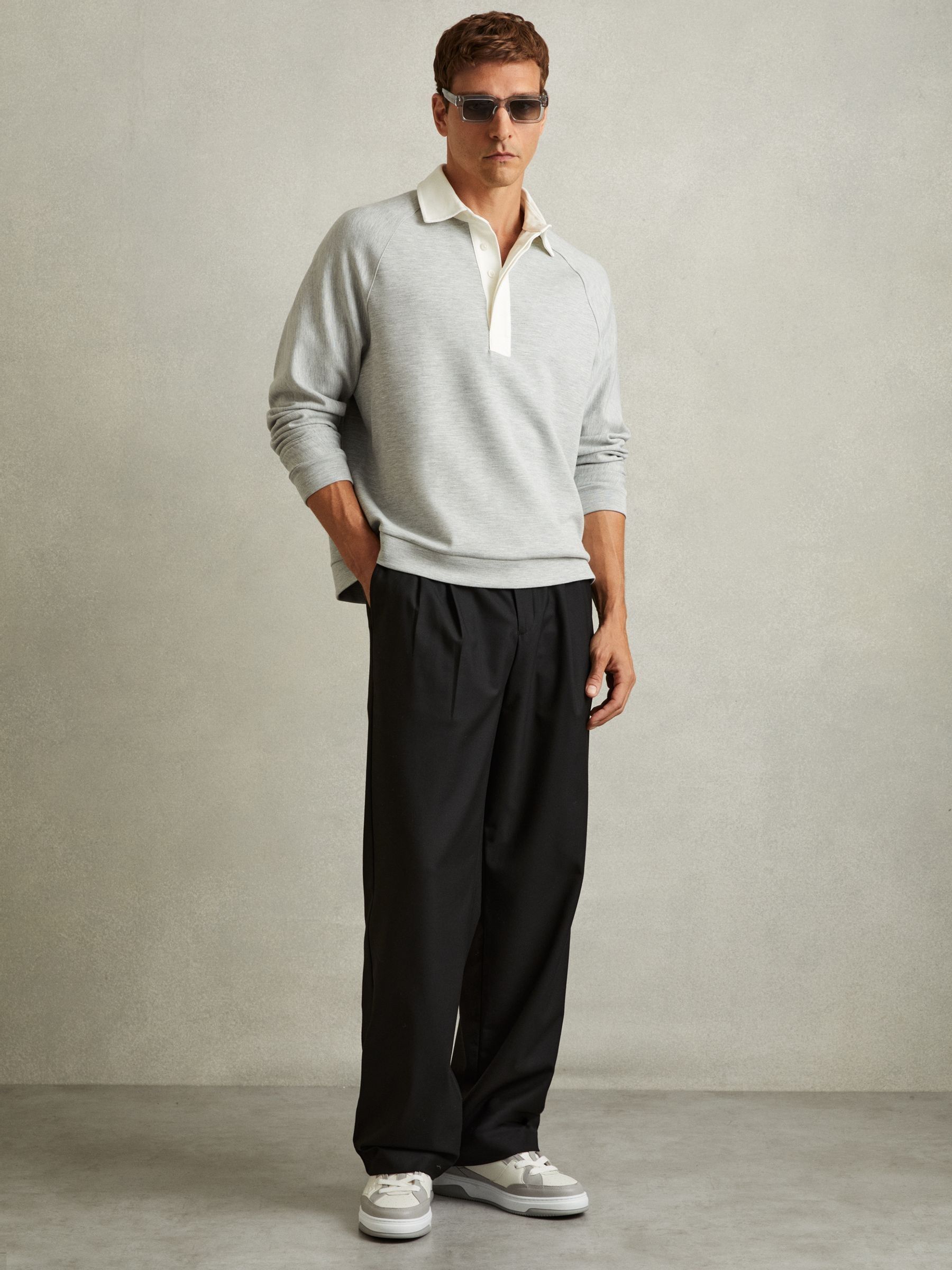Concealed Placket Jersey Rugby Shirt in Grey Melange - Image 3 of 6