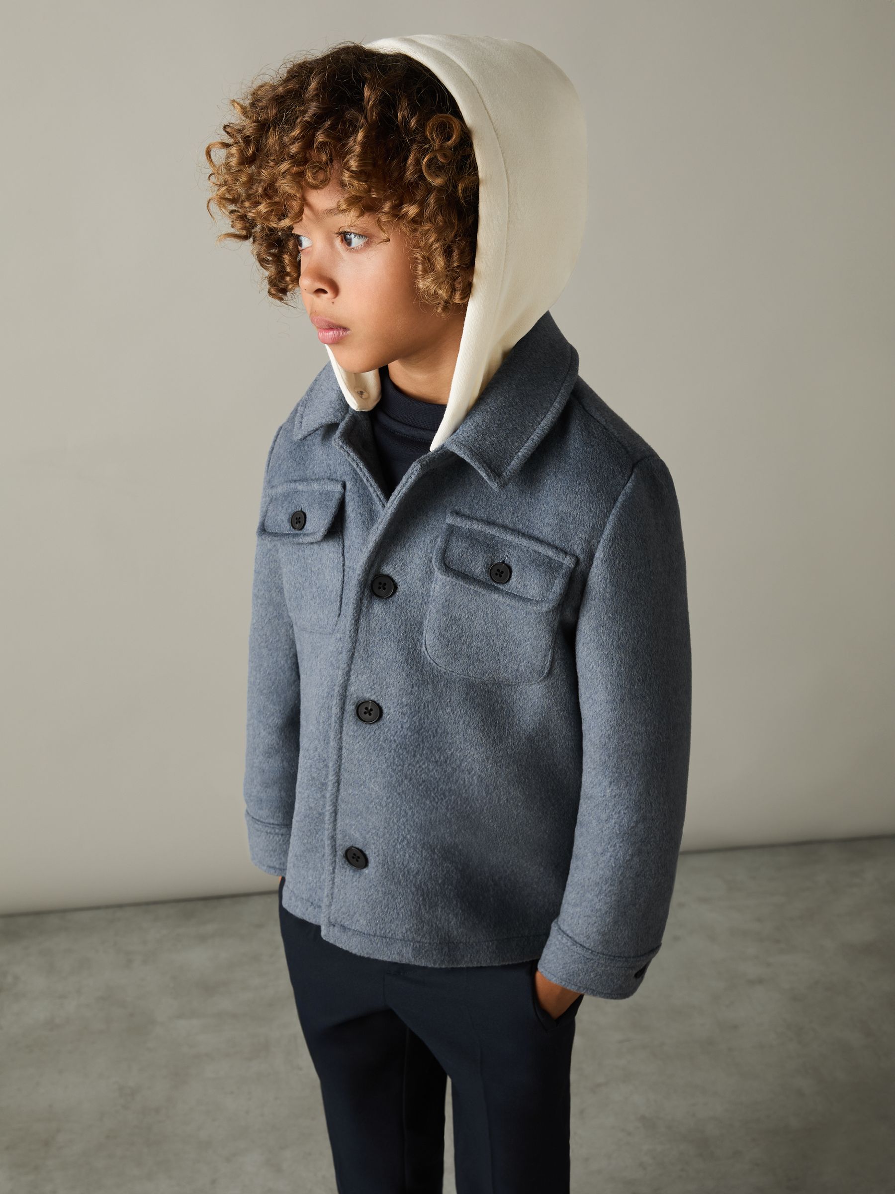 13-14 yrs Removable-Hood Brushed-Twill Overshirt in Airforce Blue - Image 3 of 4