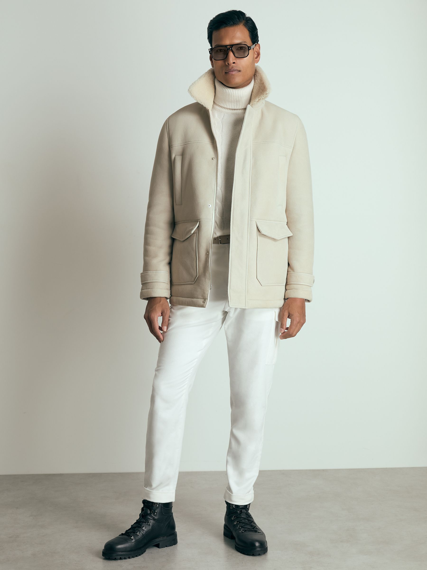 Atelier Suede Zip-Through Shearling Jacket in Off White - Image 3 of 8