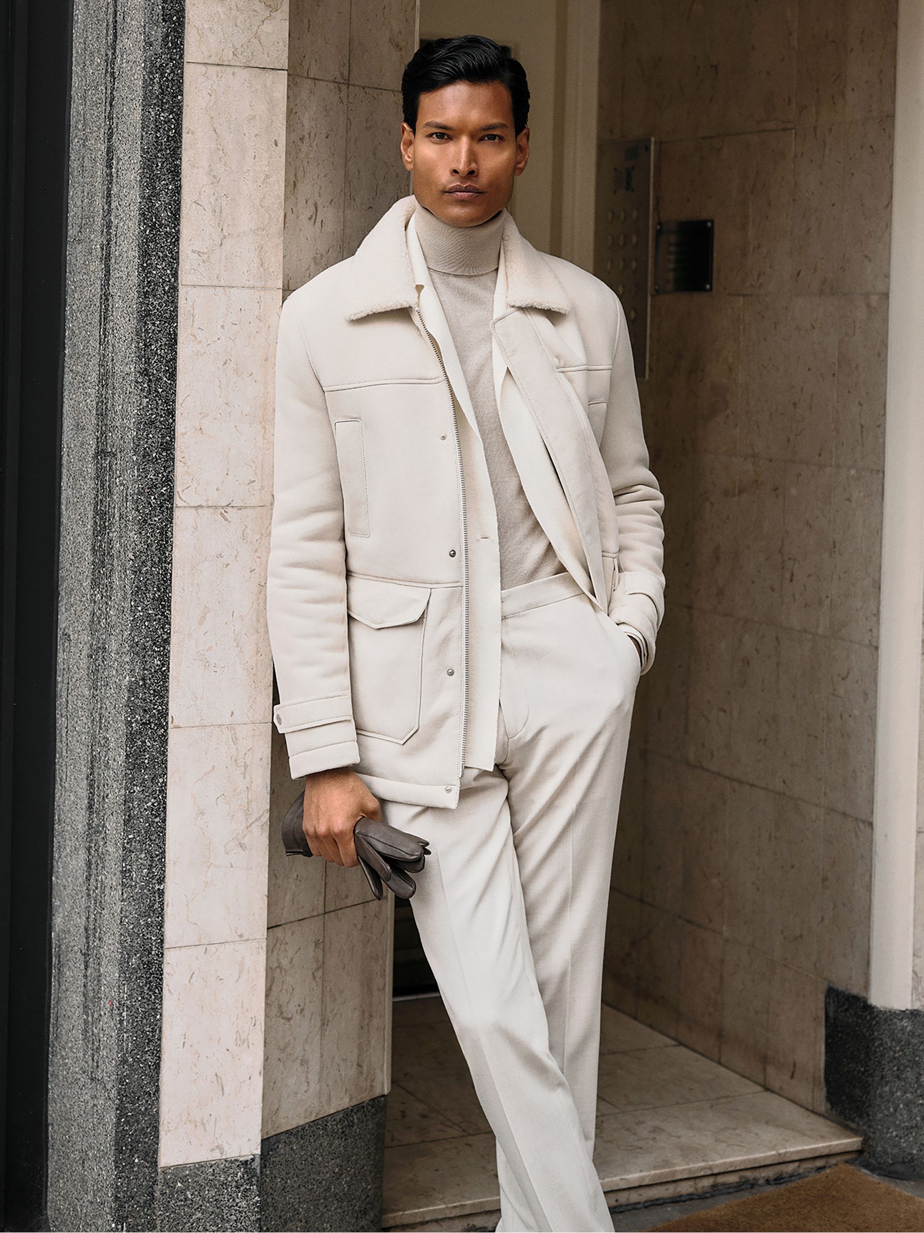 Reiss Atelier Suede Zip-Through Shearling Jacket in Off White | REISS